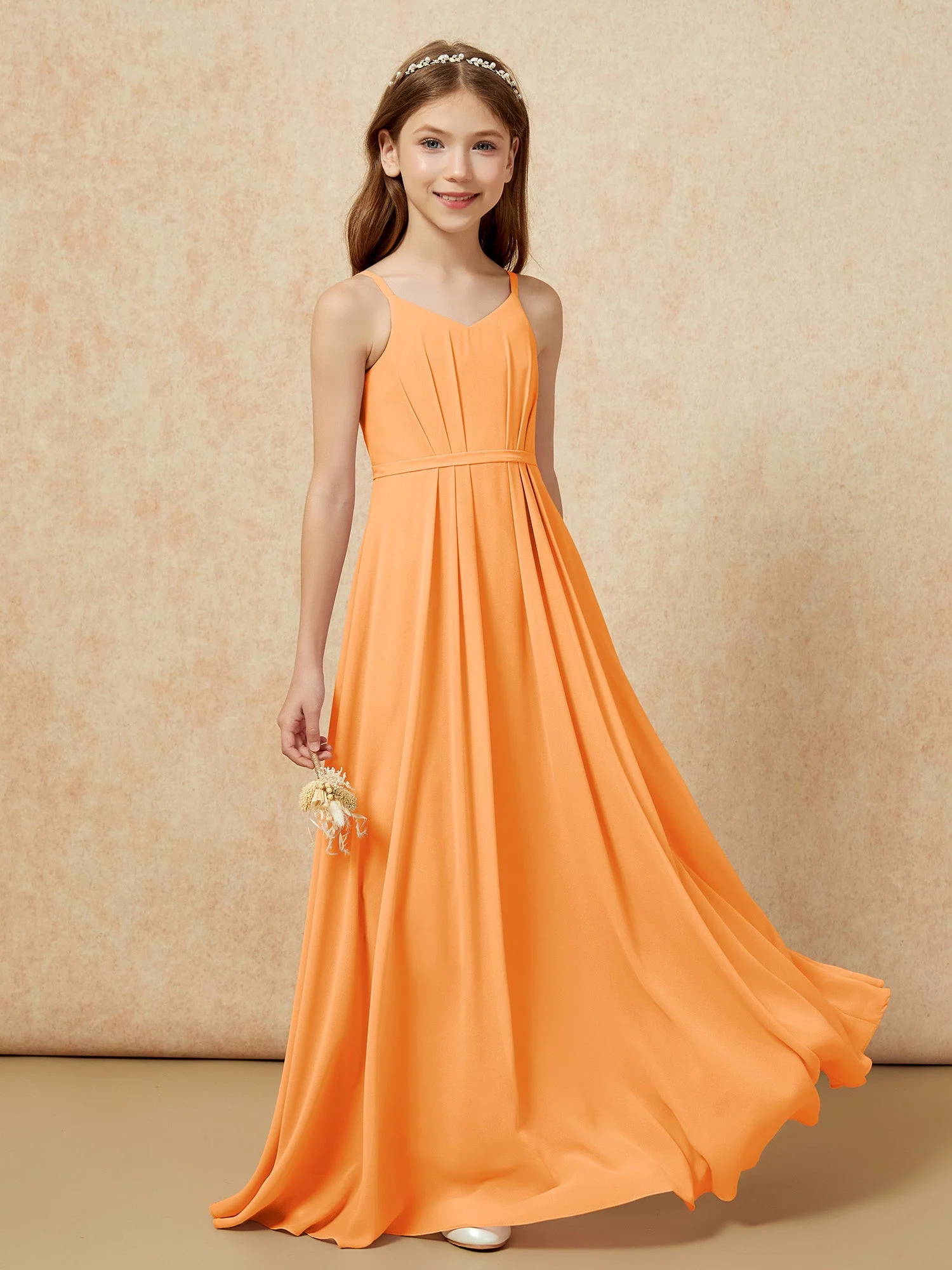 V-Ausschnitt Spaghettiträger Chiffon Junge Brautjungfernkleider Orange - Image 5