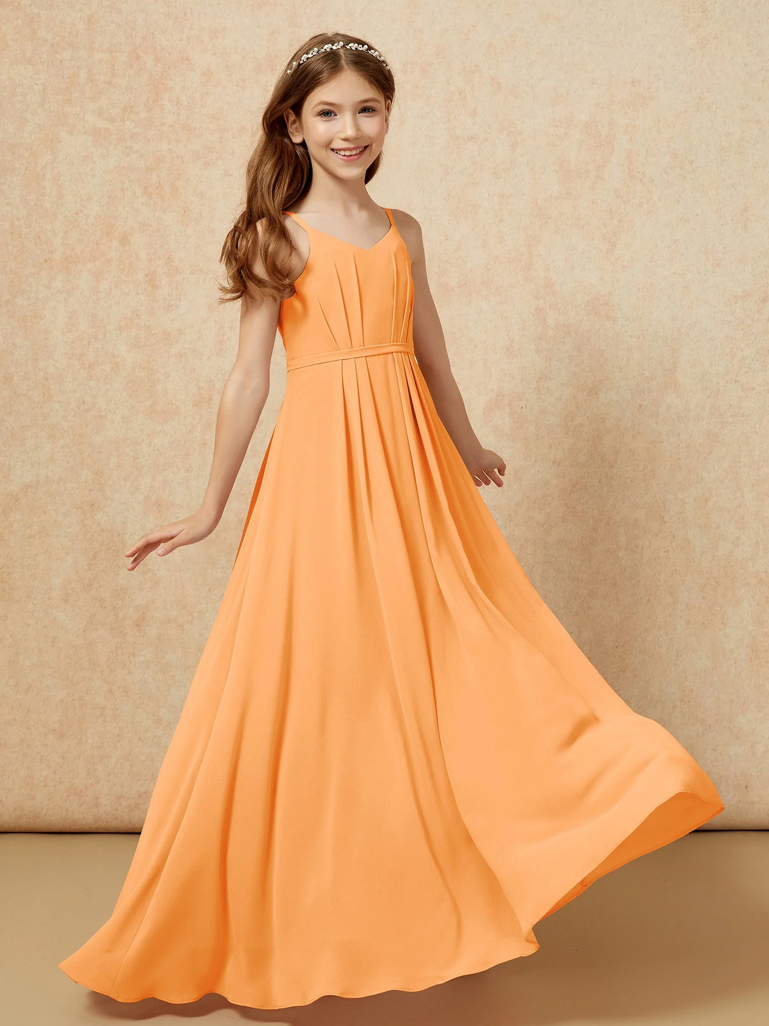 V-Ausschnitt Spaghettiträger Chiffon Junge Brautjungfernkleider Orange - Image 6