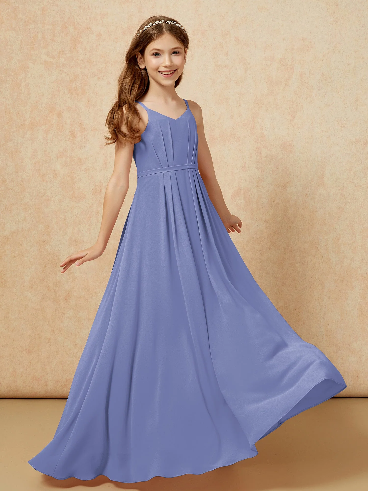 V-Ausschnitt Spaghettiträger Chiffon Junge Brautjungfernkleider Periwinkleblau - Image 6