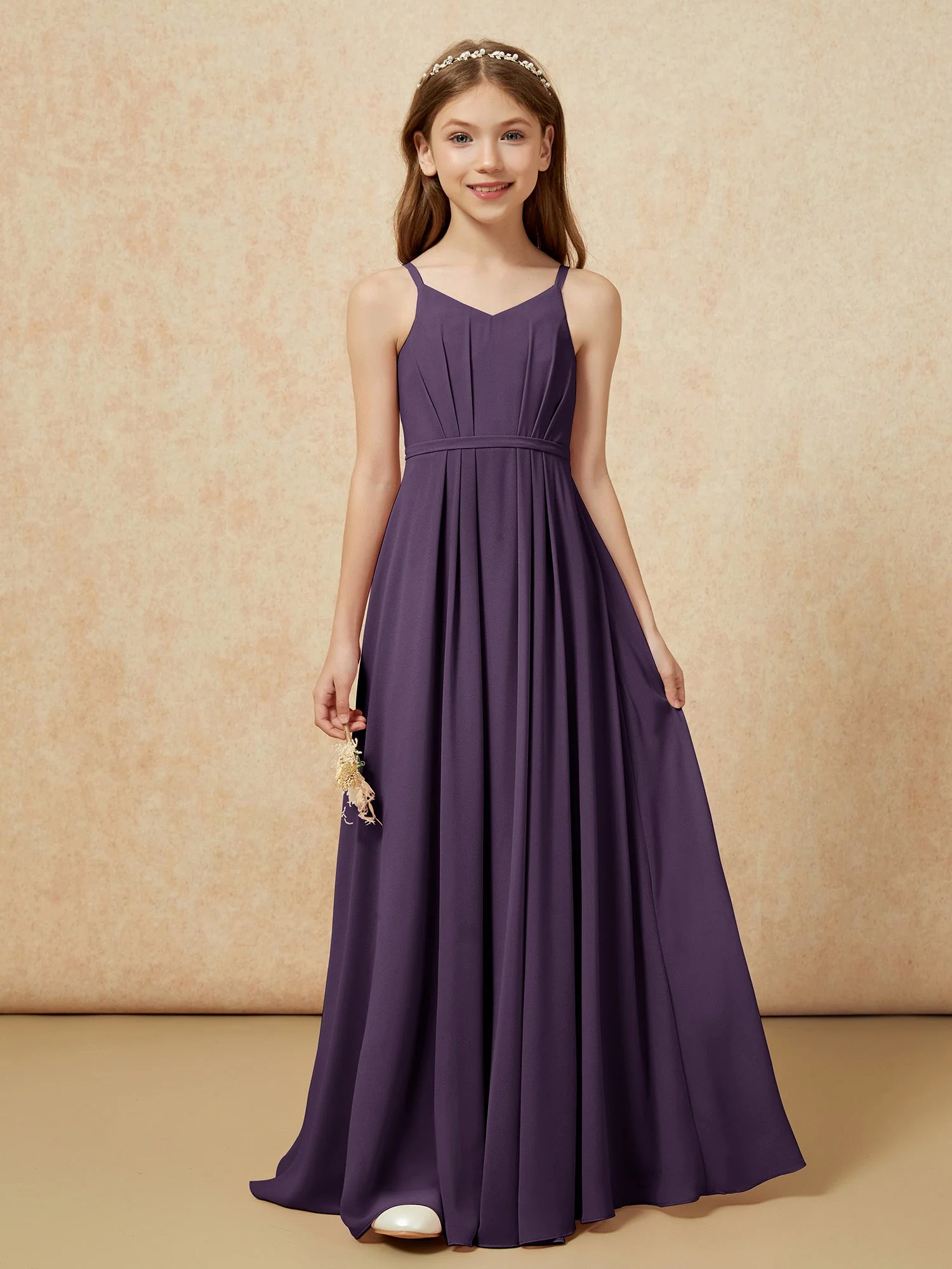 V-Ausschnitt Spaghettiträger Chiffon Junge Brautjungfernkleider Plum