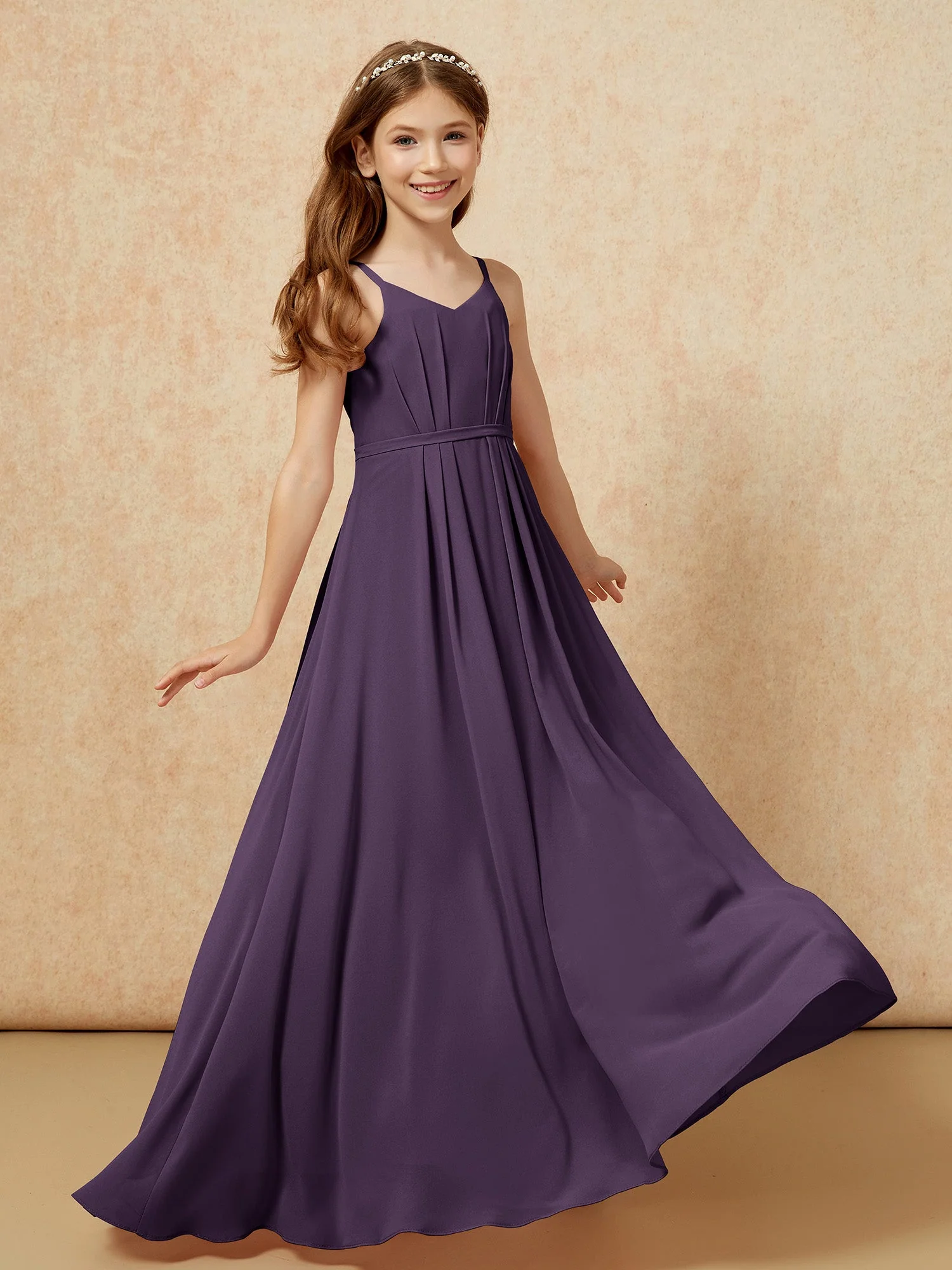 V-Ausschnitt Spaghettiträger Chiffon Junge Brautjungfernkleider Plum - Image 6