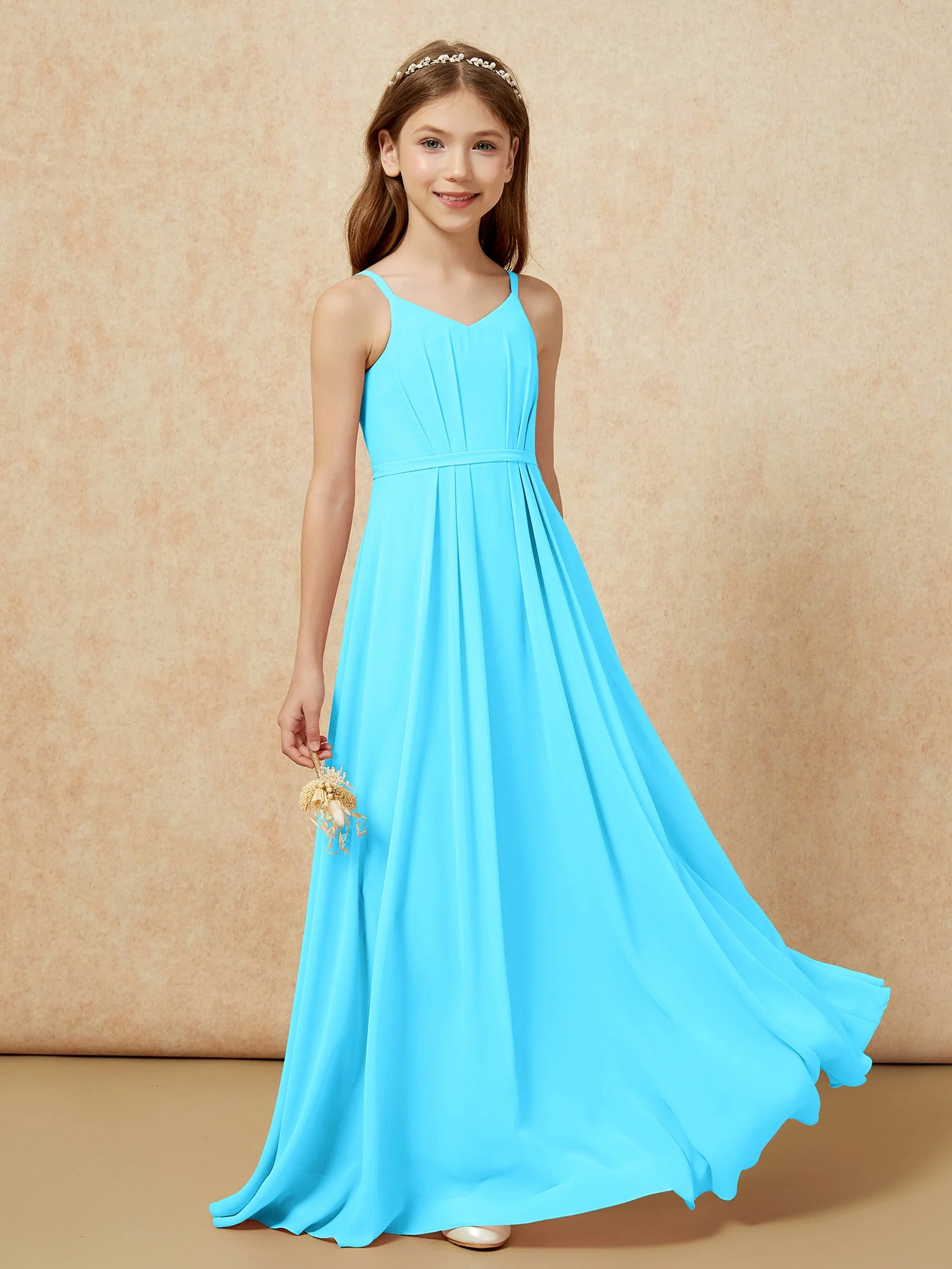 V-Ausschnitt Spaghettiträger Chiffon Junge Brautjungfernkleider Schwimmbadblau - Image 5