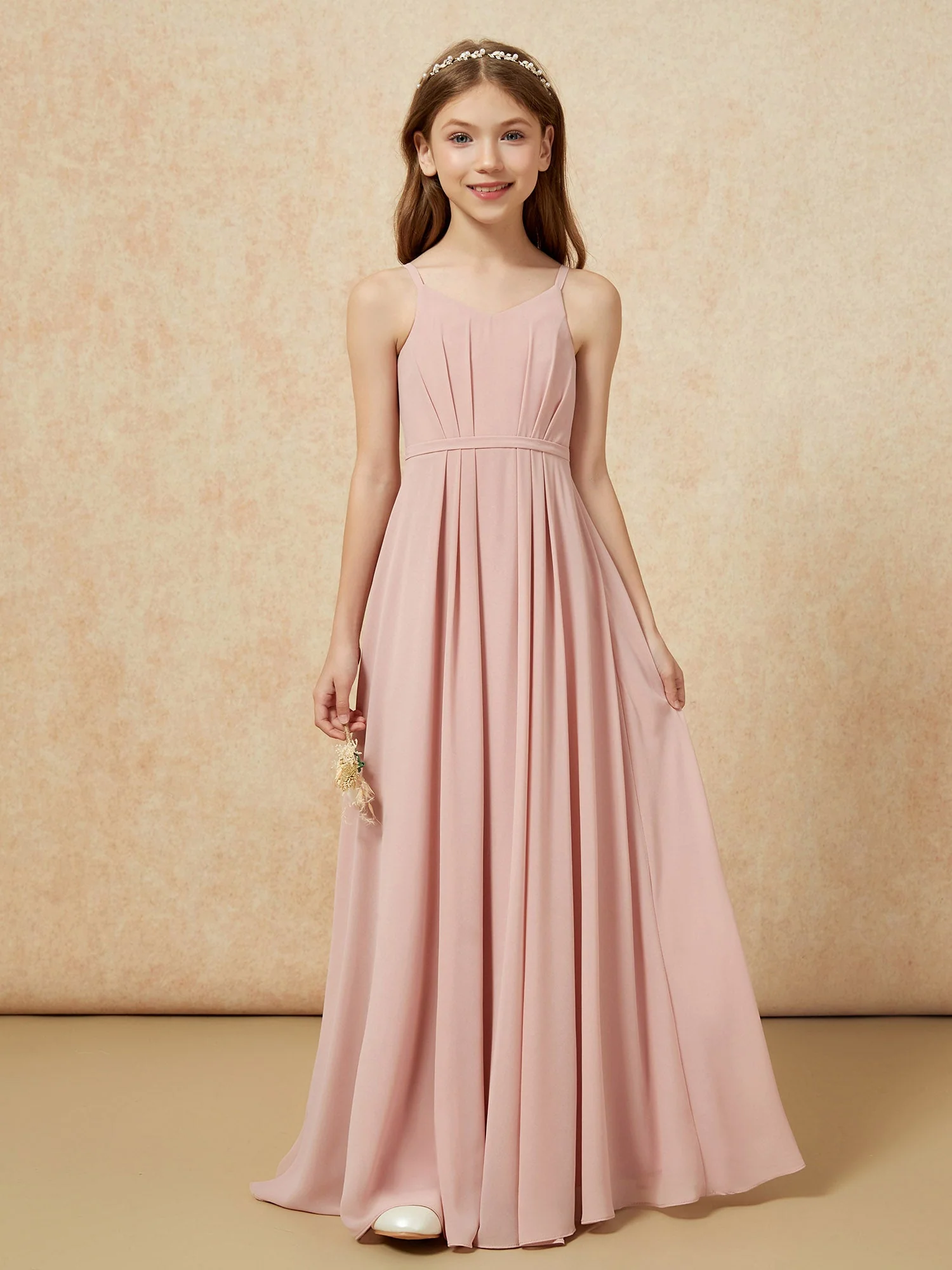 V-Ausschnitt Spaghettiträger Chiffon Junge Brautjungfernkleider Staubige Rosa
