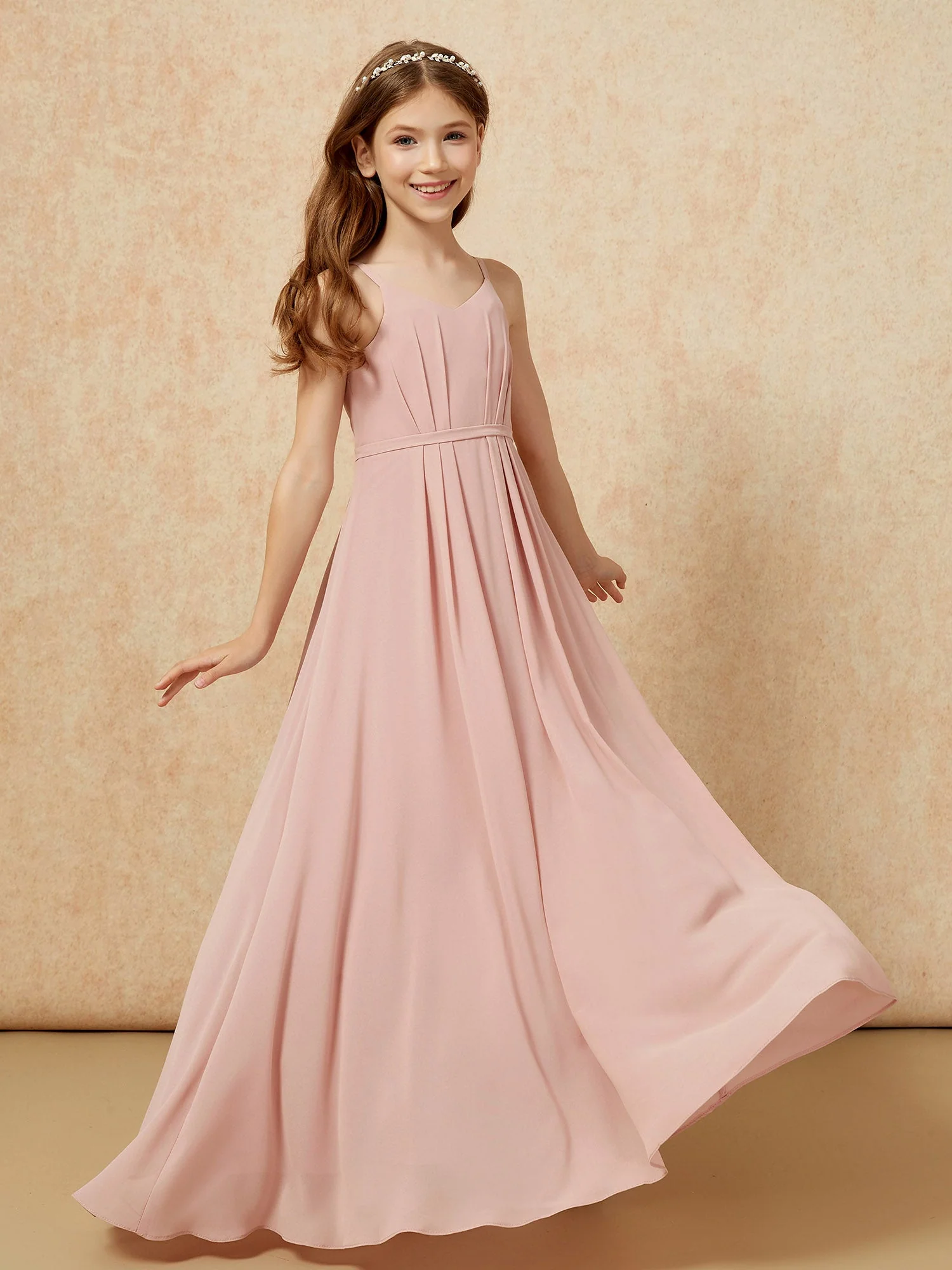 V-Ausschnitt Spaghettiträger Chiffon Junge Brautjungfernkleider Staubige Rosa - Image 6
