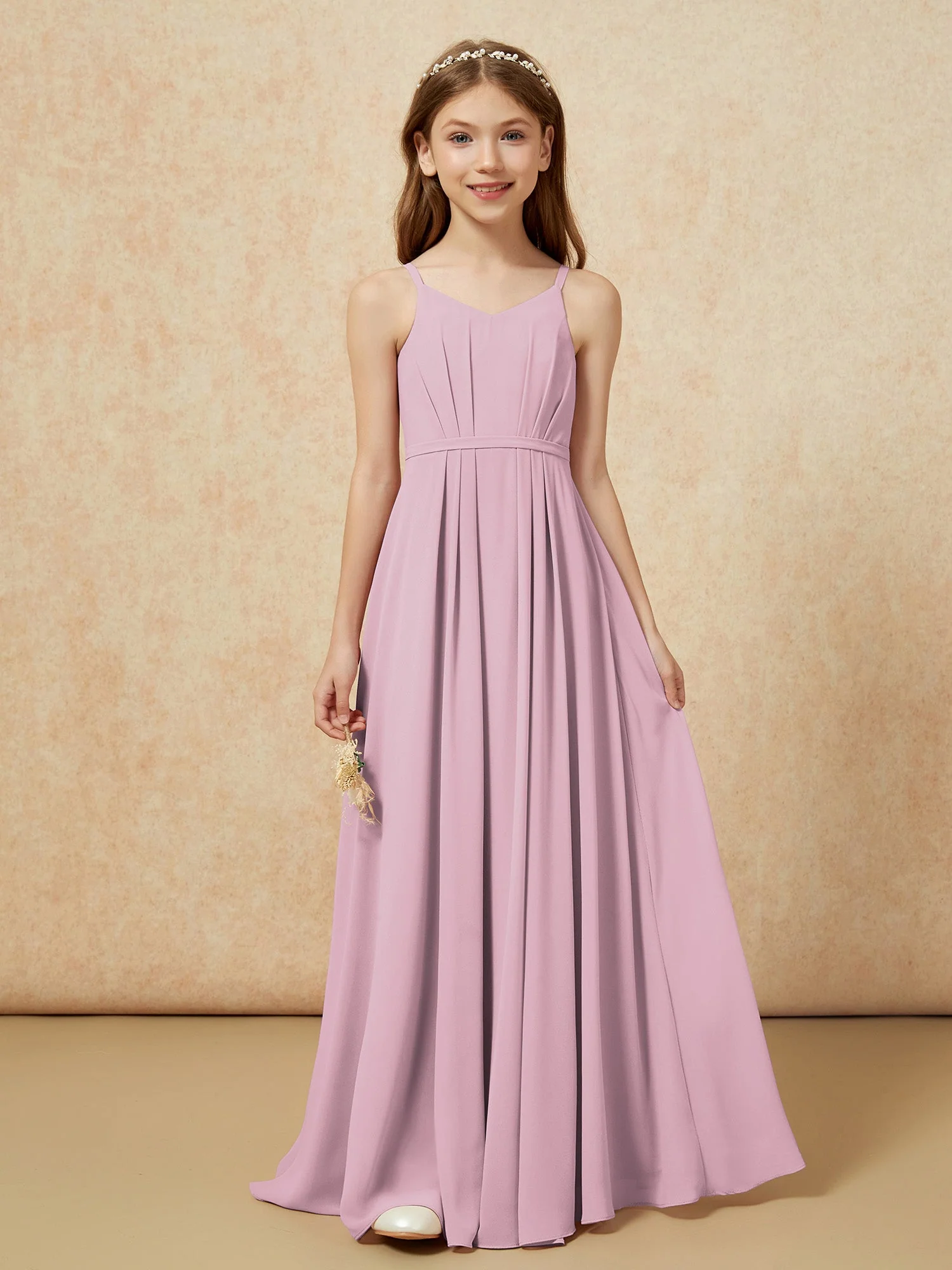 V-Ausschnitt Spaghettiträger Chiffon Junge Brautjungfernkleider Vintage Mauve