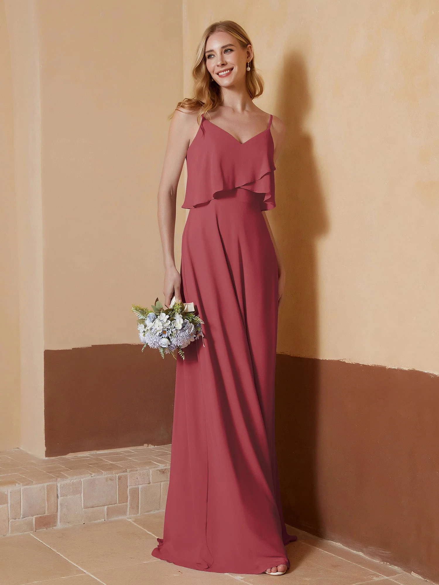 V-Ausschnitt Spaghettiträger Rüschen Kleid Zimtrose