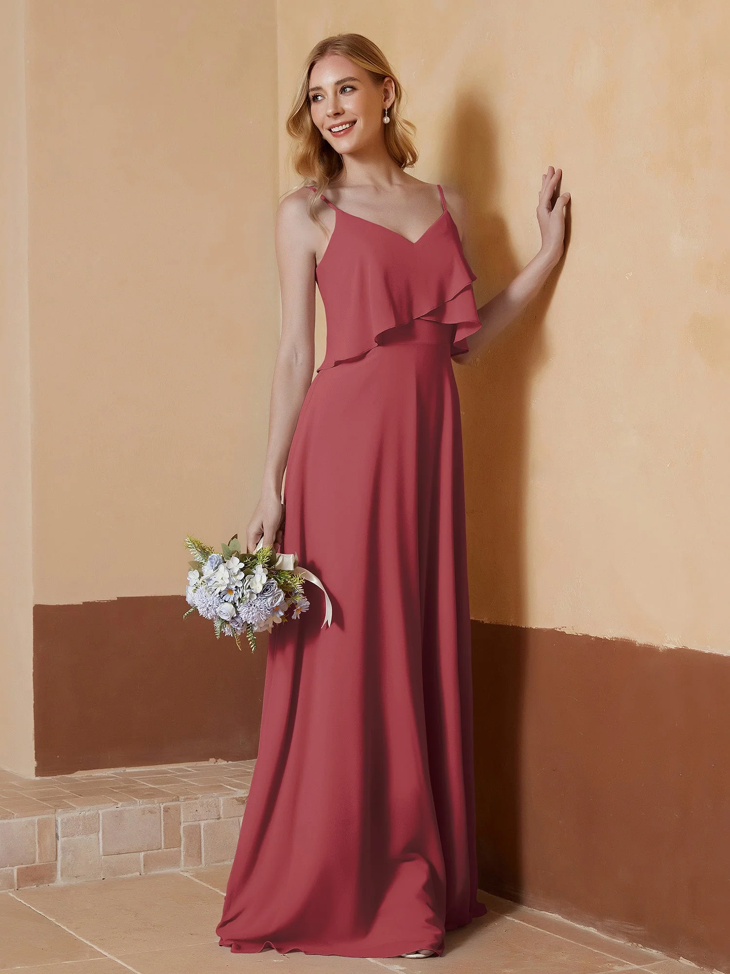 V-Ausschnitt Spaghettiträger Rüschen Kleid Zimtrose - Image 3