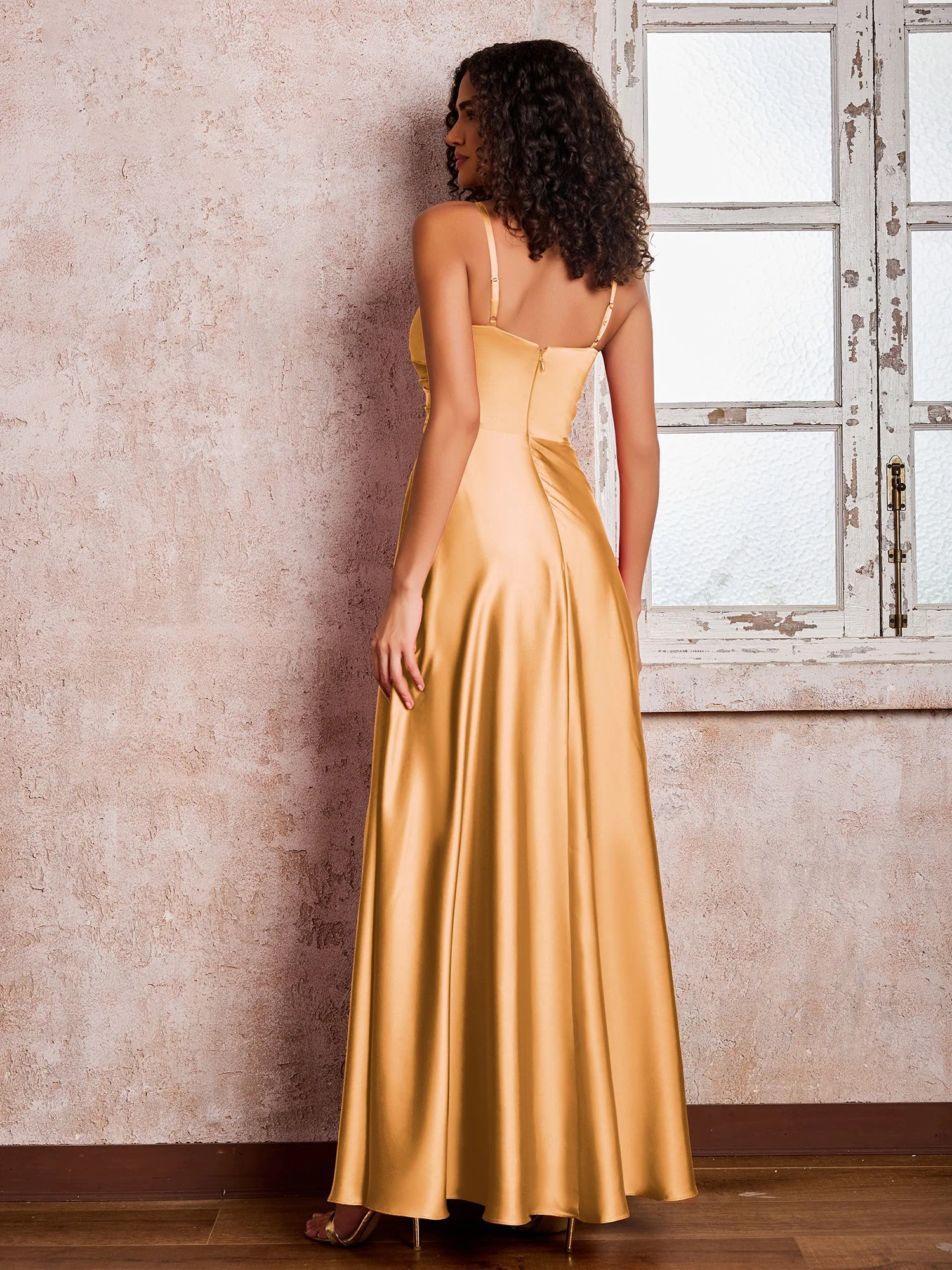 V-Ausschnitt Spaghettiträger Satin Maxi Kleider mit Tasche Maulbeere - Image 5