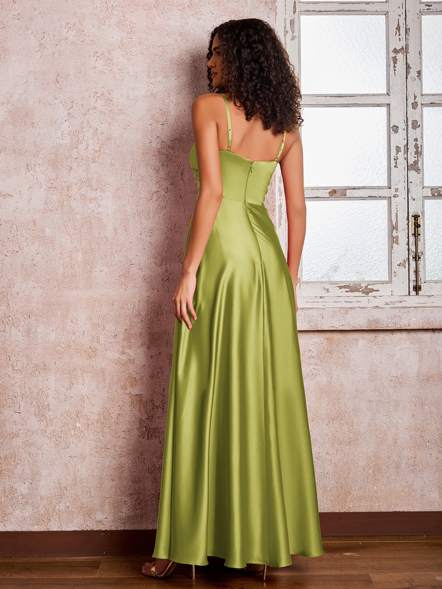 V-Ausschnitt Spaghettiträger Satin Maxi Kleider mit Tasche Salbei - Image 5