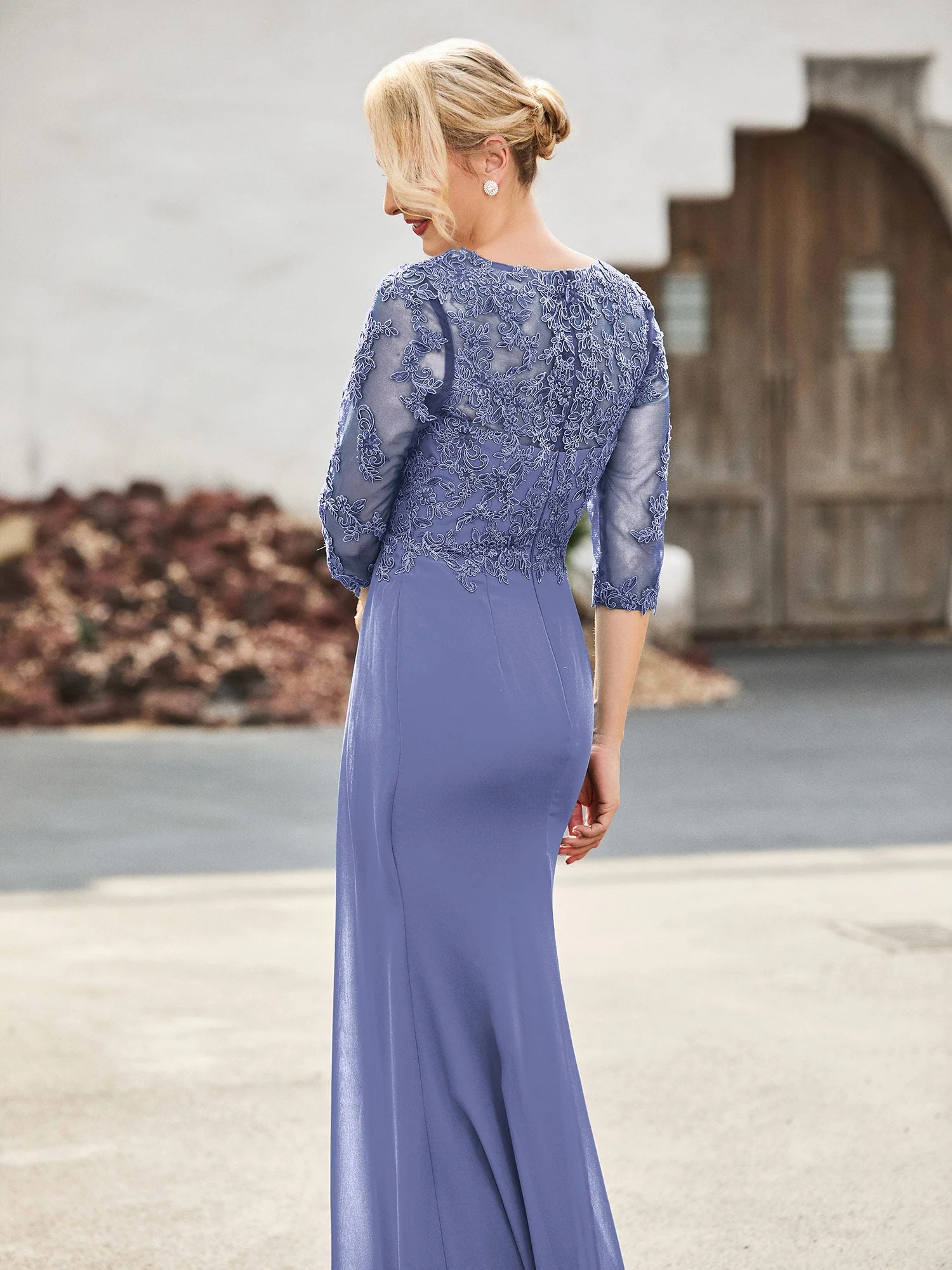 V-Ausschnitt Spitzenoberteil Halbarm Chiffon Kleid Periwinkleblau - Image 2