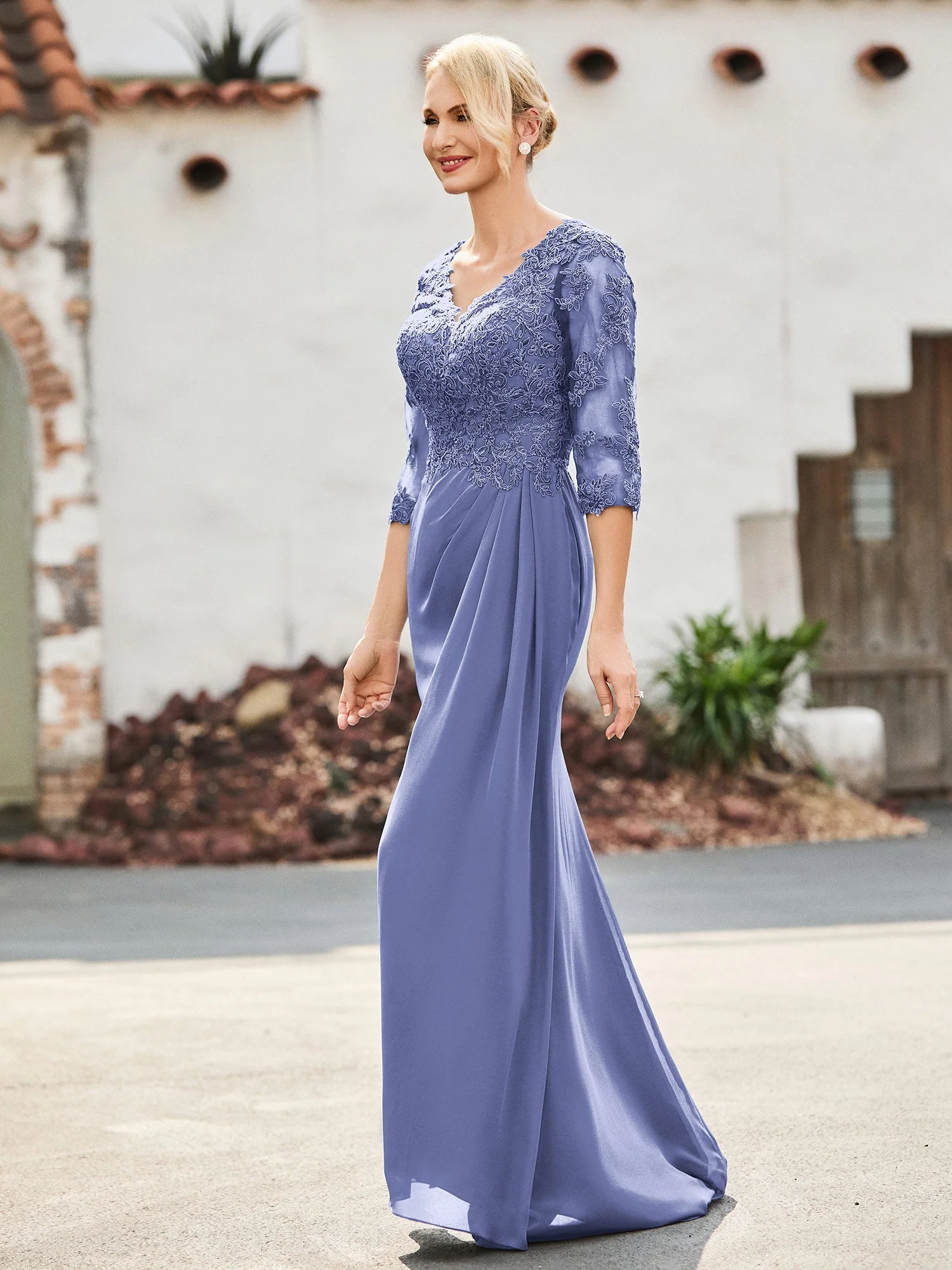 V-Ausschnitt Spitzenoberteil Halbarm Chiffon Kleid Periwinkleblau - Image 3