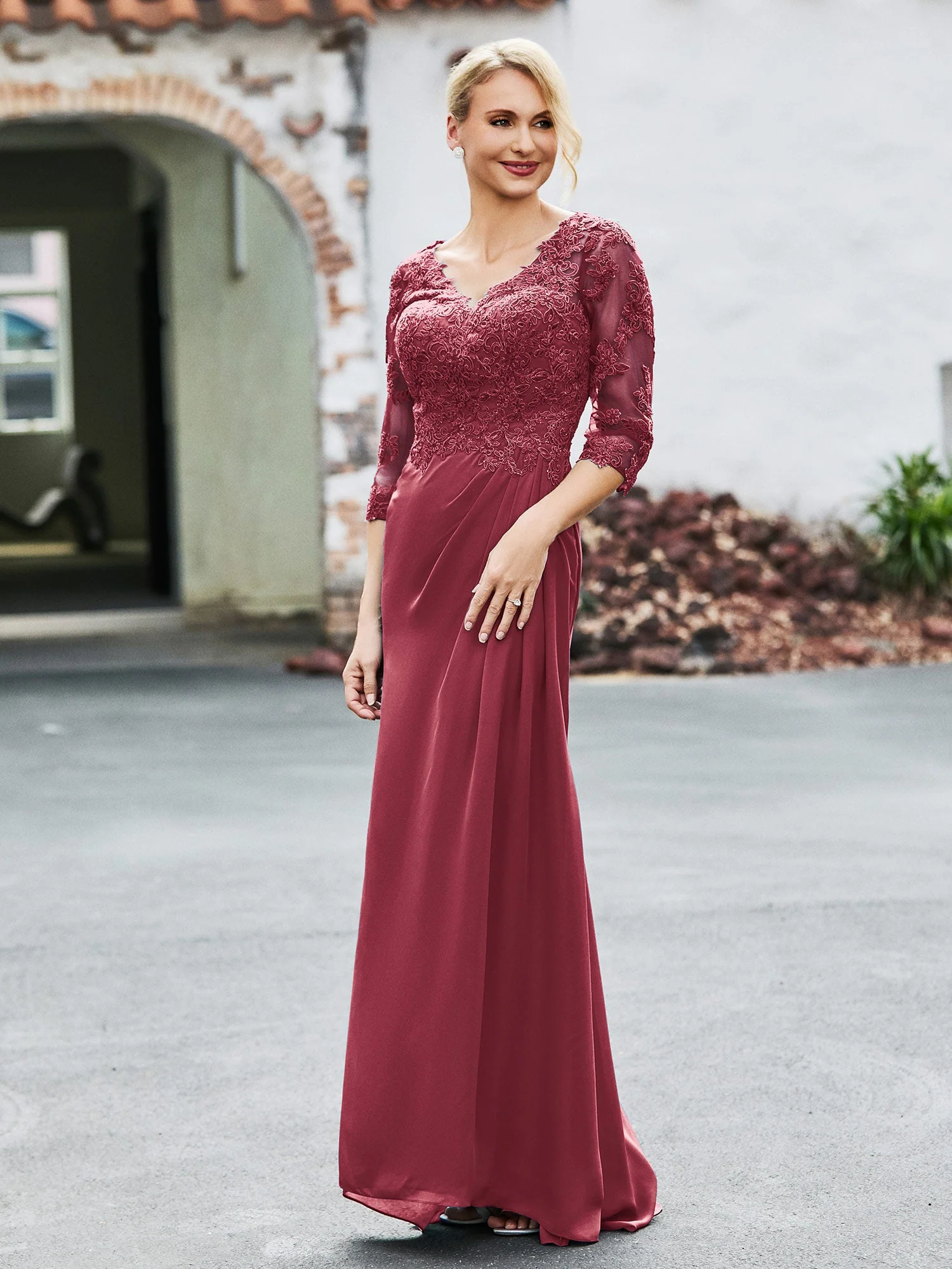 V-Ausschnitt Spitzenoberteil Halbarm Chiffon Kleid Zimtrose