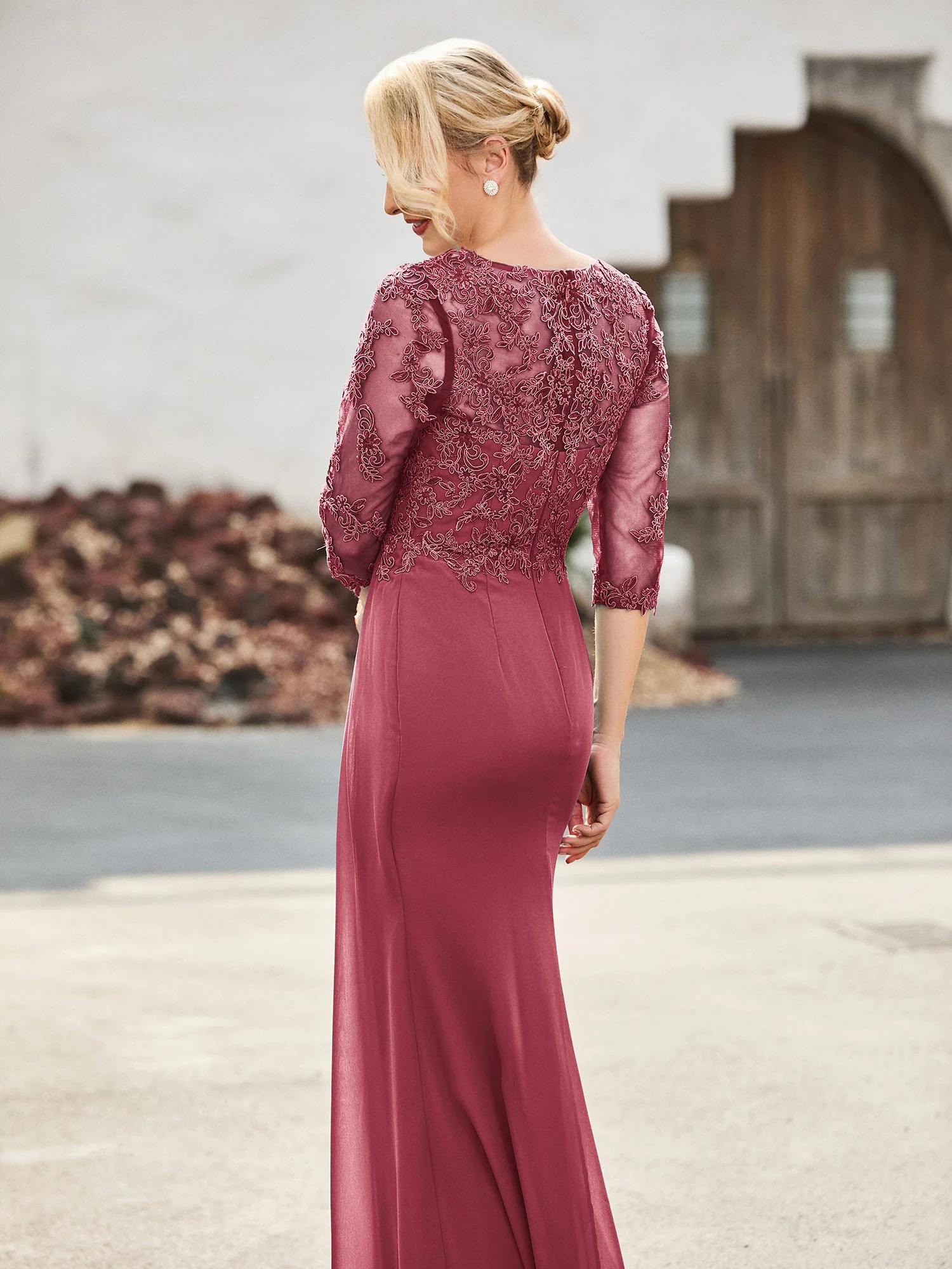 V-Ausschnitt Spitzenoberteil Halbarm Chiffon Kleid Zimtrose - Image 2