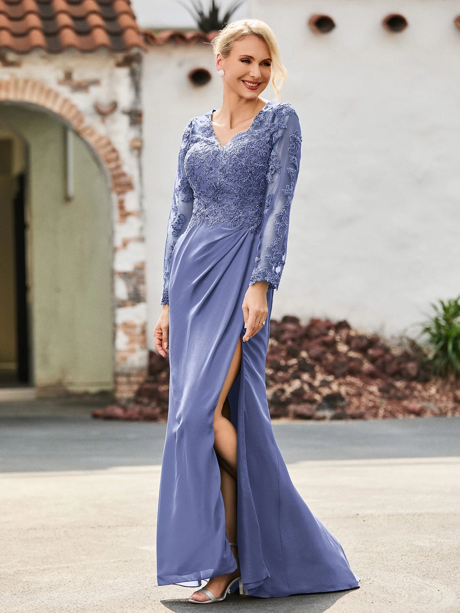 V-Ausschnitt Spitzenoberteil Hoher Schlitz Plissee Kleid Periwinkleblau