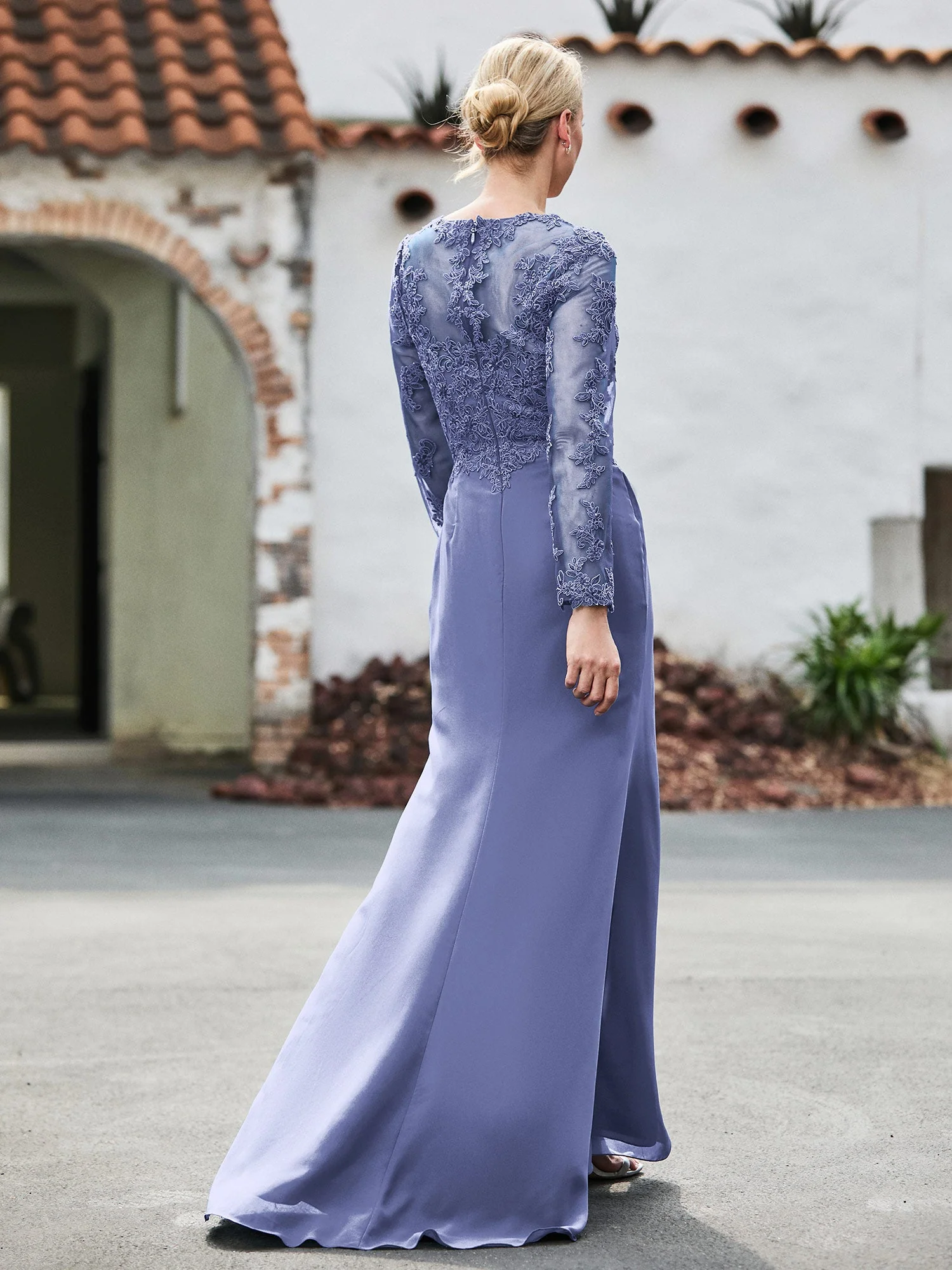 V-Ausschnitt Spitzenoberteil Hoher Schlitz Plissee Kleid Periwinkleblau - Image 2