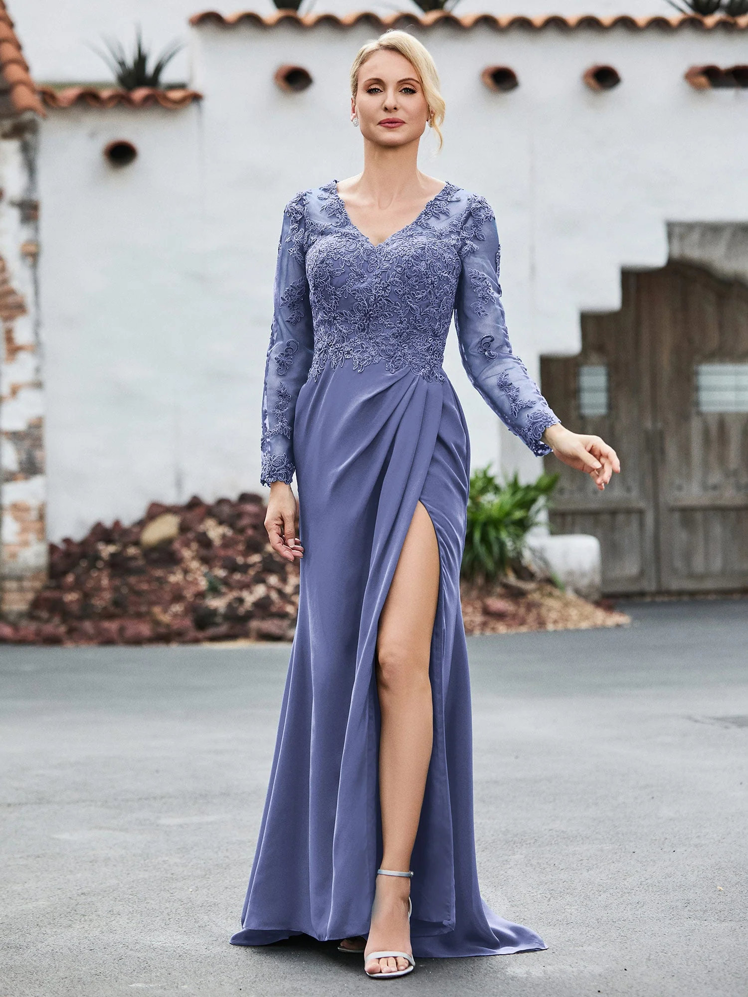 V-Ausschnitt Spitzenoberteil Hoher Schlitz Plissee Kleid Periwinkleblau - Image 3