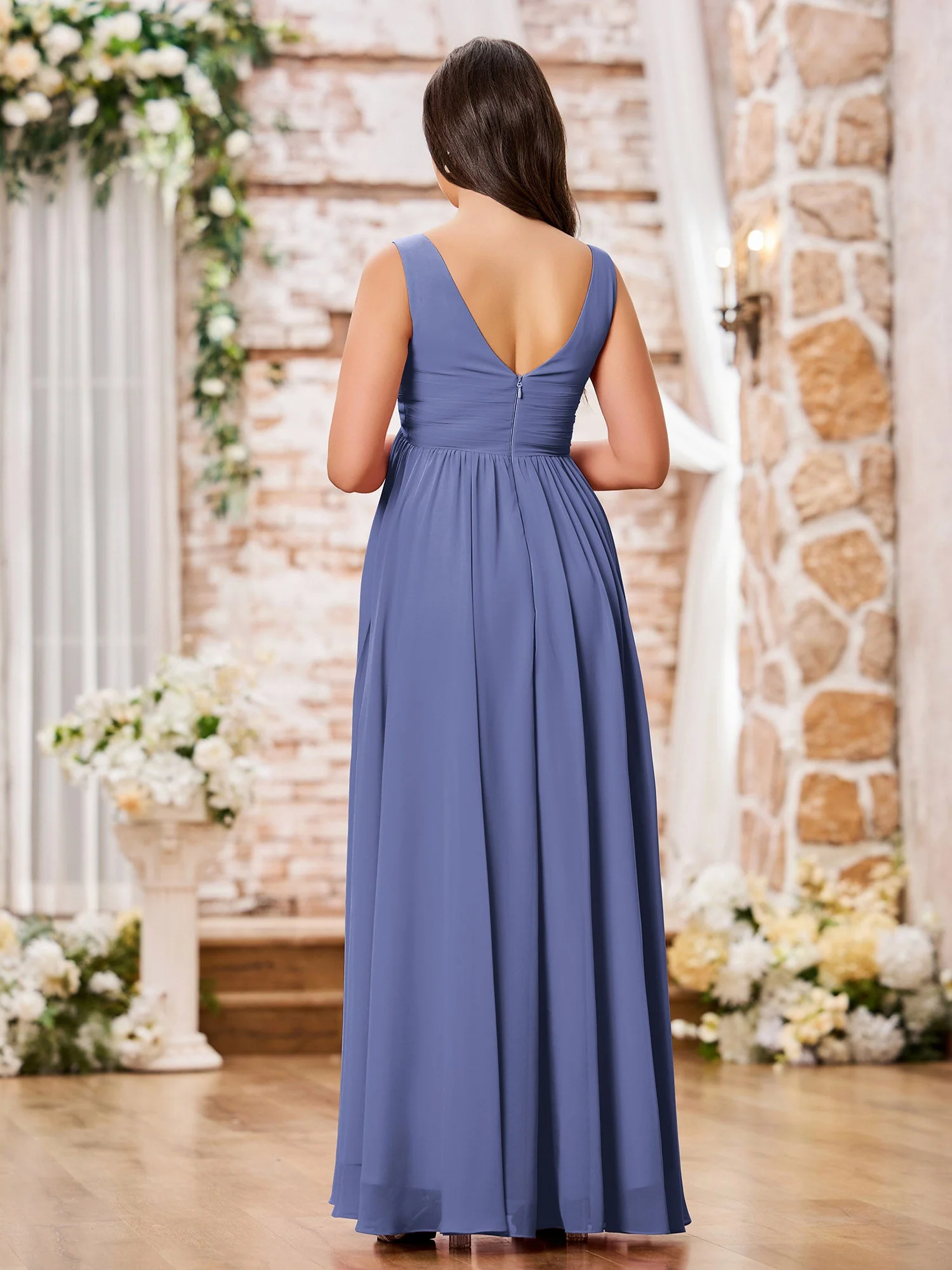V-Ausschnitt Überkreuzte Plissee Chiffon A-Linie Empire Kleider Periwinkleblau - Image 2