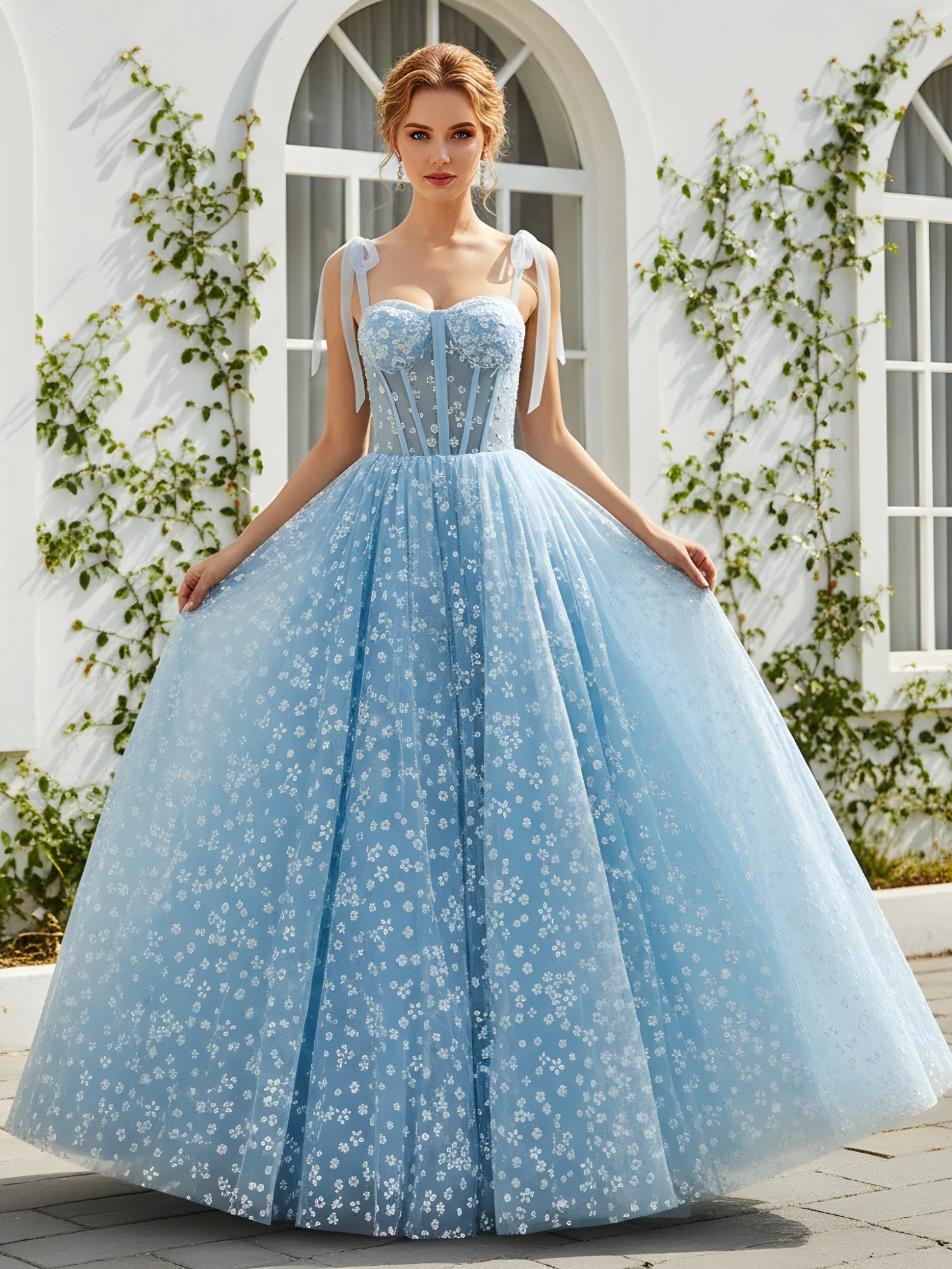 A-Linie Herzform Ausschnitt Blumen Tüll Lang Kleid Himmelblau