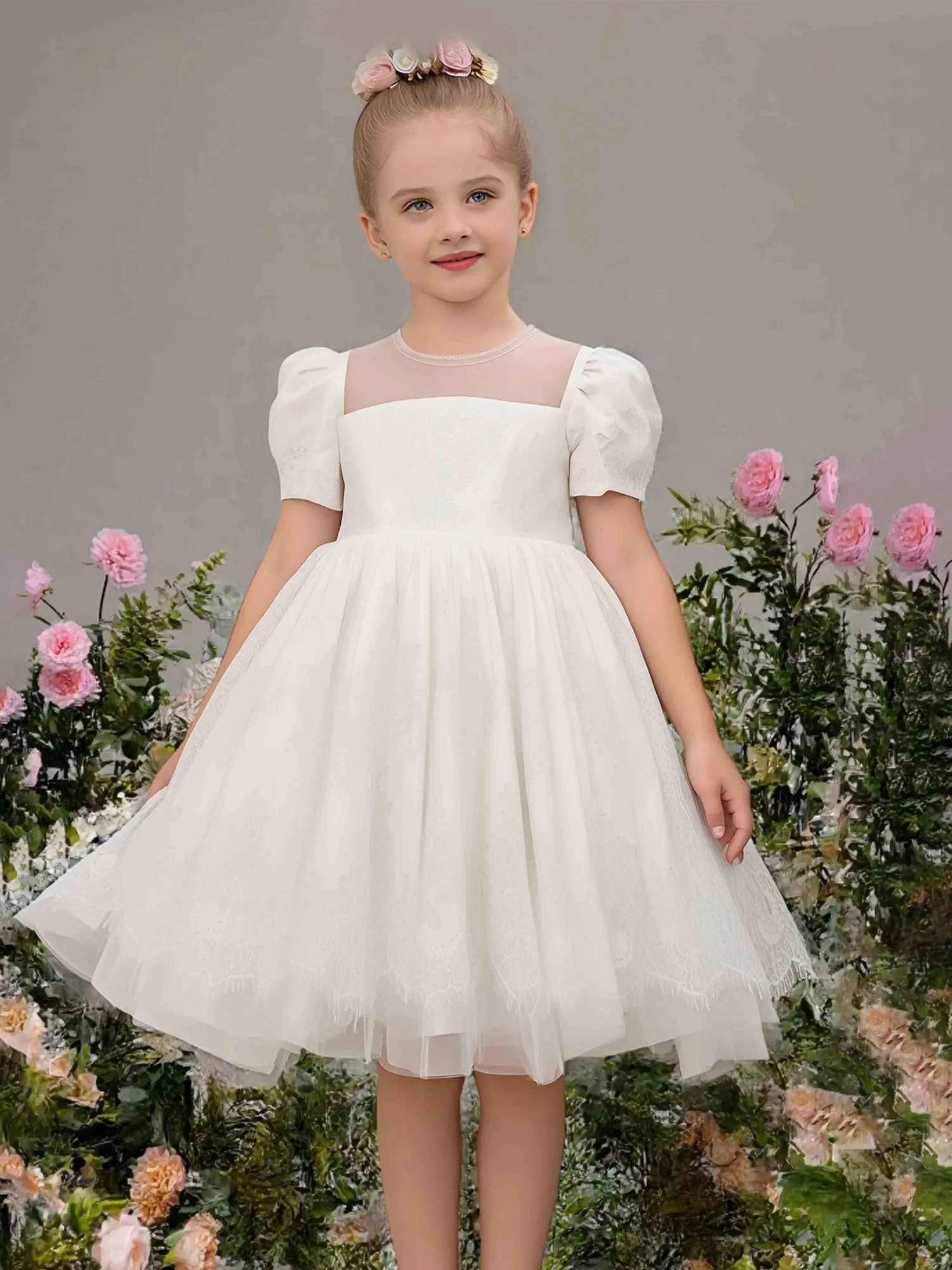 Puff Ärmel Illusion Ausschnitt Spitze A-Linie Blumenmädchen Kleid Elfenbein