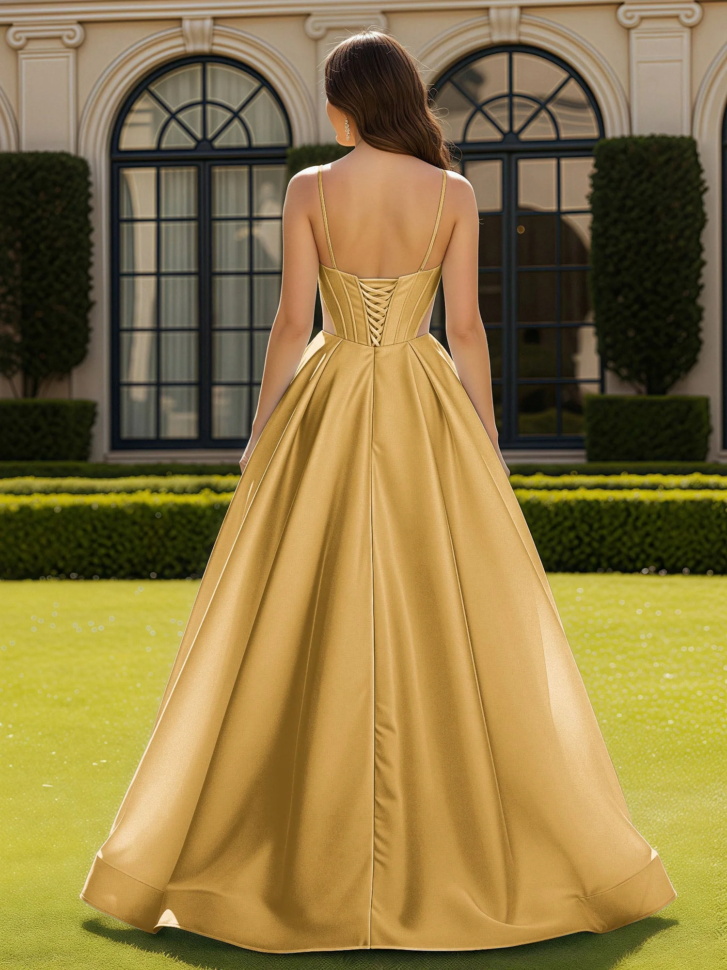 Spaghettiträger Spitze Herzform Korsett Kleid mit Schlitz Gold - Image 2