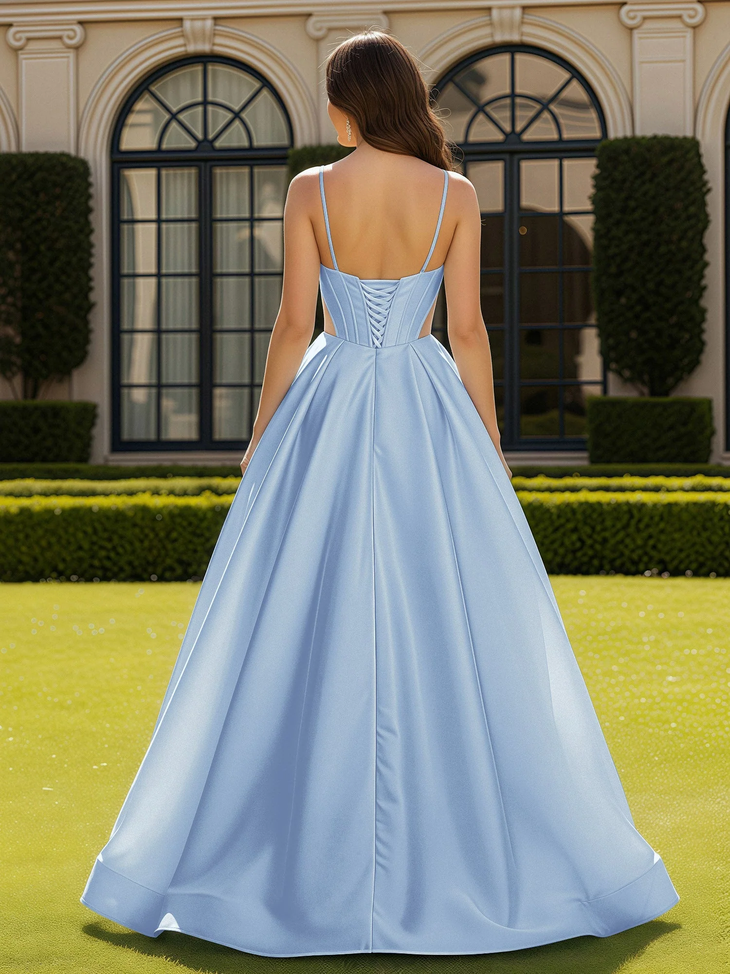 Spaghettiträger Spitze Herzform Korsett Kleid mit Schlitz Himmelblau - Image 2