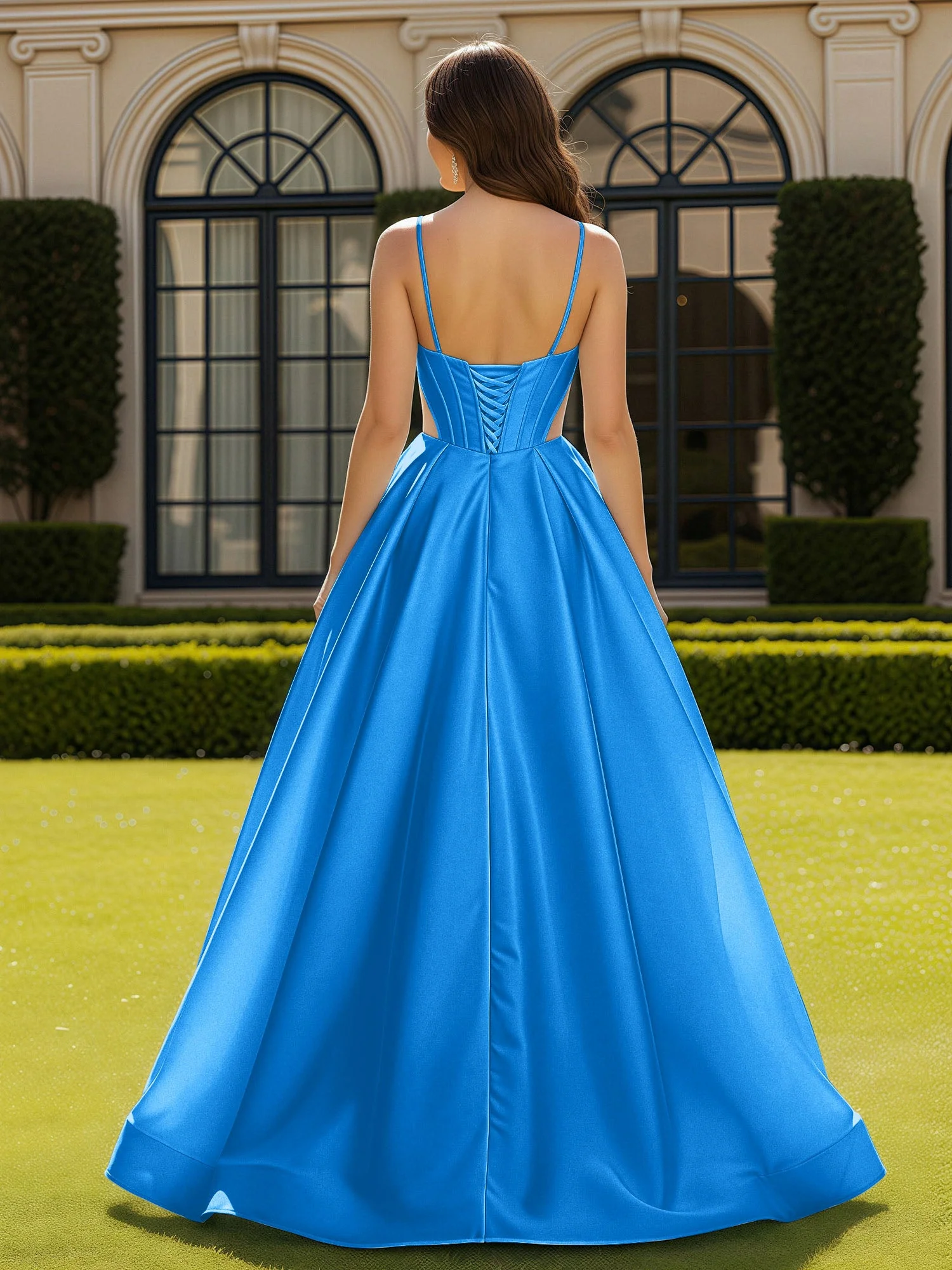 Spaghettiträger Spitze Herzform Korsett Kleid mit Schlitz Meerblau - Image 2