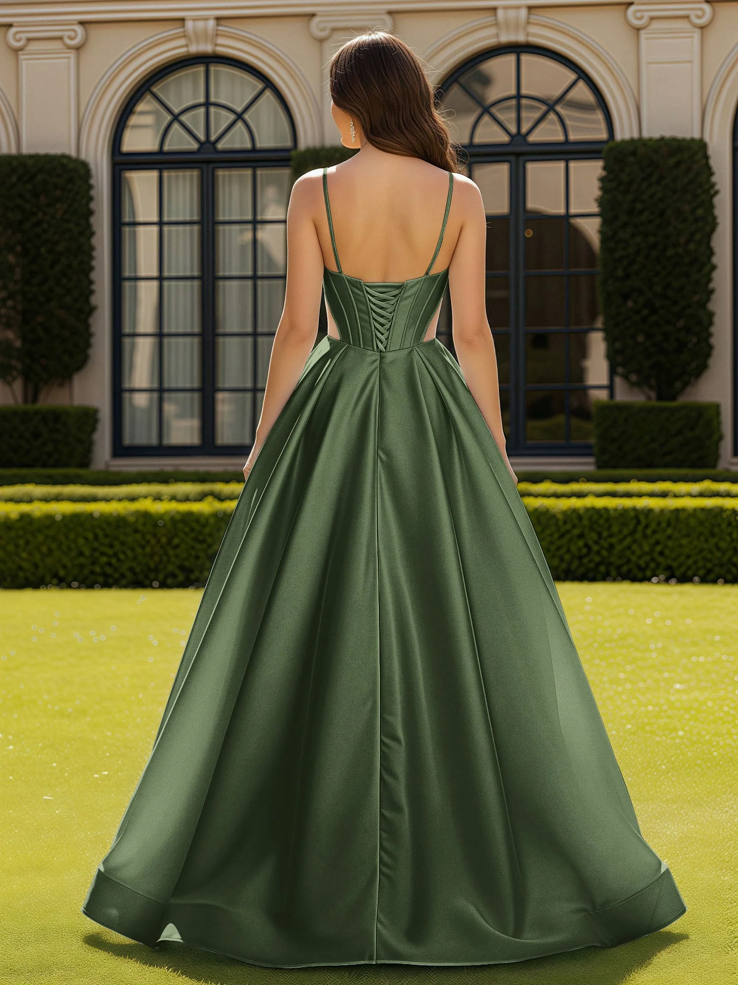 Spaghettiträger Spitze Herzform Korsett Kleid mit Schlitz Olivgrün - Image 2