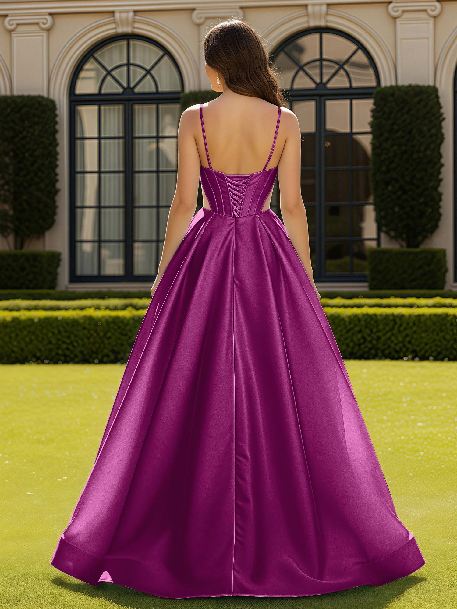Spaghettiträger Spitze Herzform Korsett Kleid mit Schlitz Orchidee - Image 2