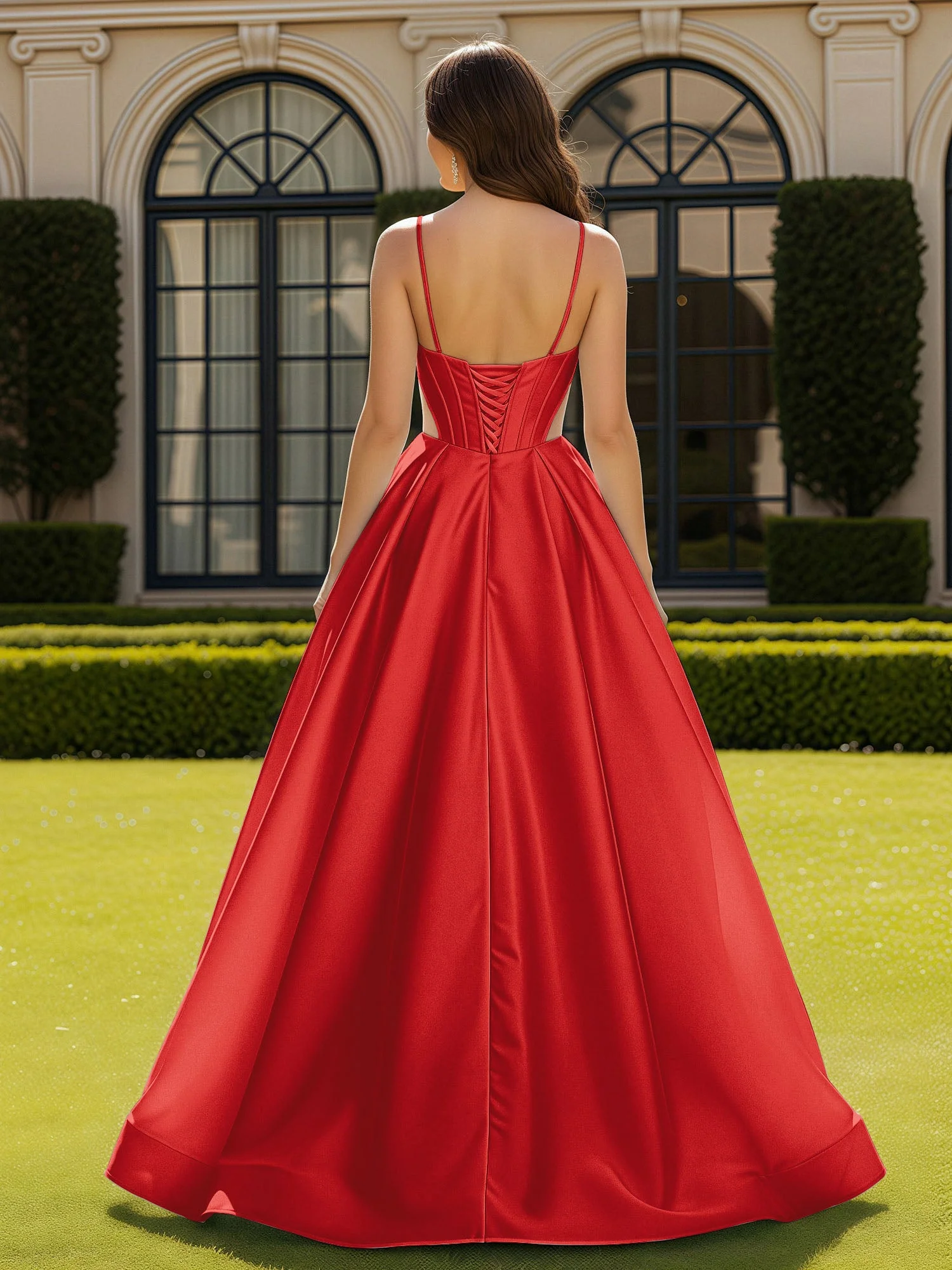 Spaghettiträger Spitze Herzform Korsett Kleid mit Schlitz Rot - Image 2