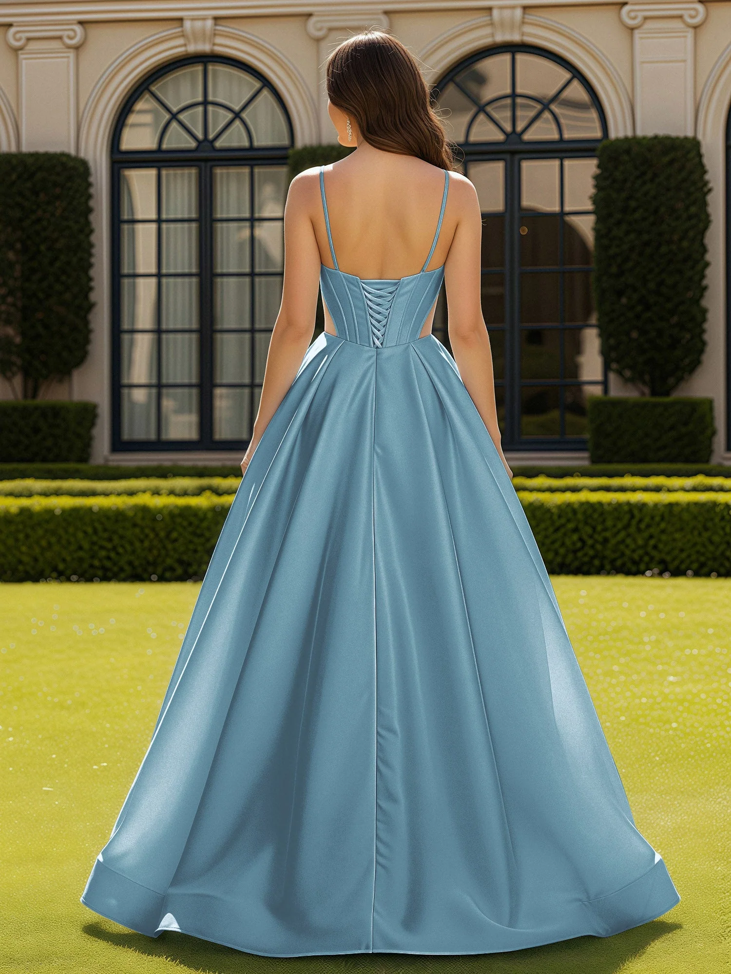Spaghettiträger Spitze Herzform Korsett Kleid mit Schlitz Schiefer Blau - Image 2