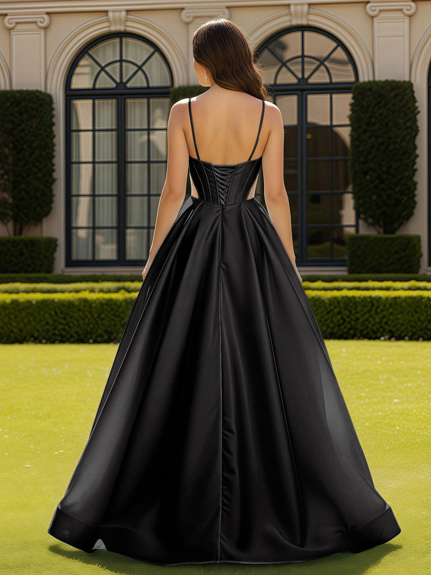 Spaghettiträger Spitze Herzform Korsett Kleid mit Schlitz Schwarz - Image 2