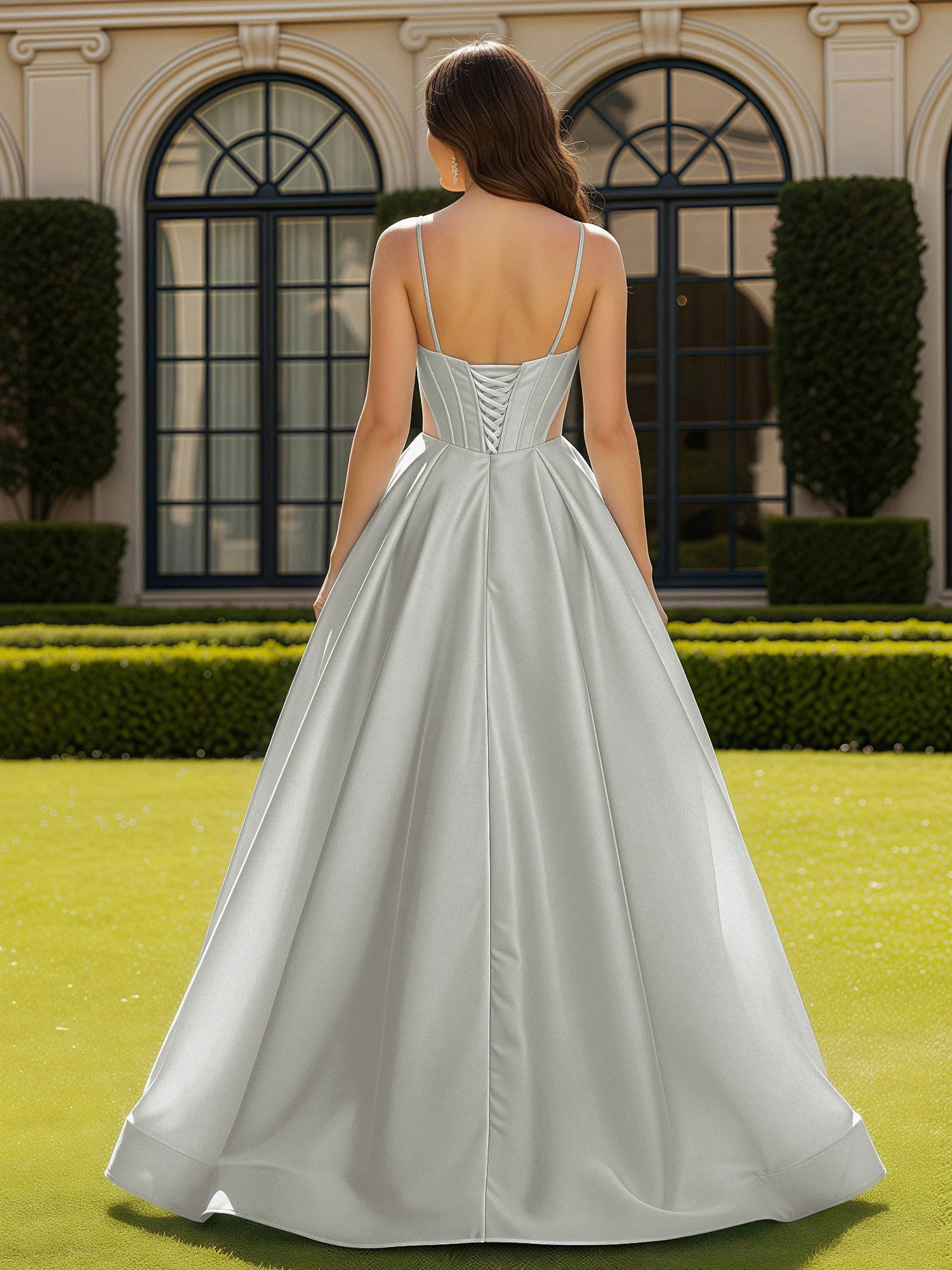 Spaghettiträger Spitze Herzform Korsett Kleid mit Schlitz Silber - Image 2