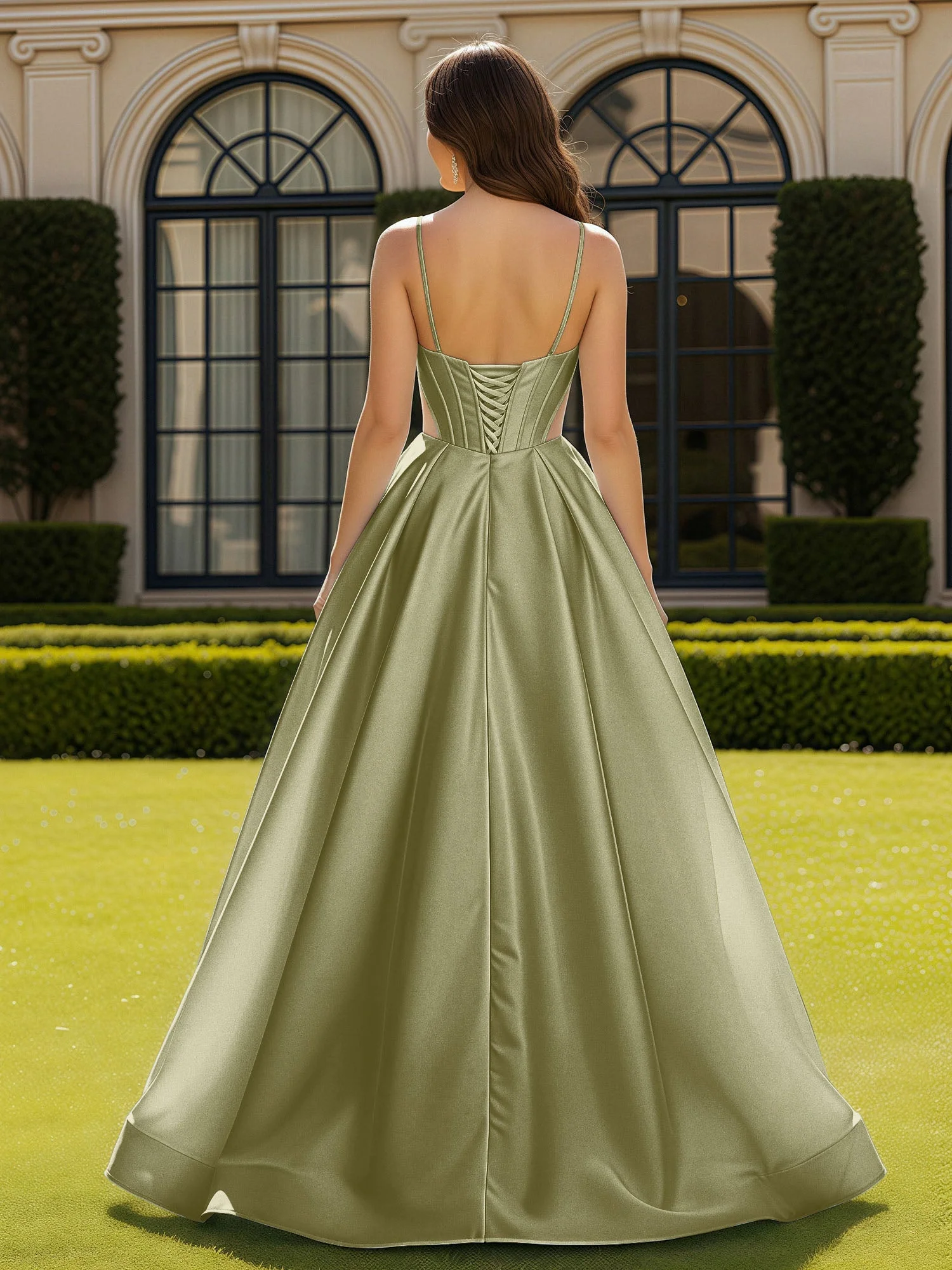 Spaghettiträger Spitze Herzform Korsett Kleid mit Schlitz Staubiges Salbei - Image 2