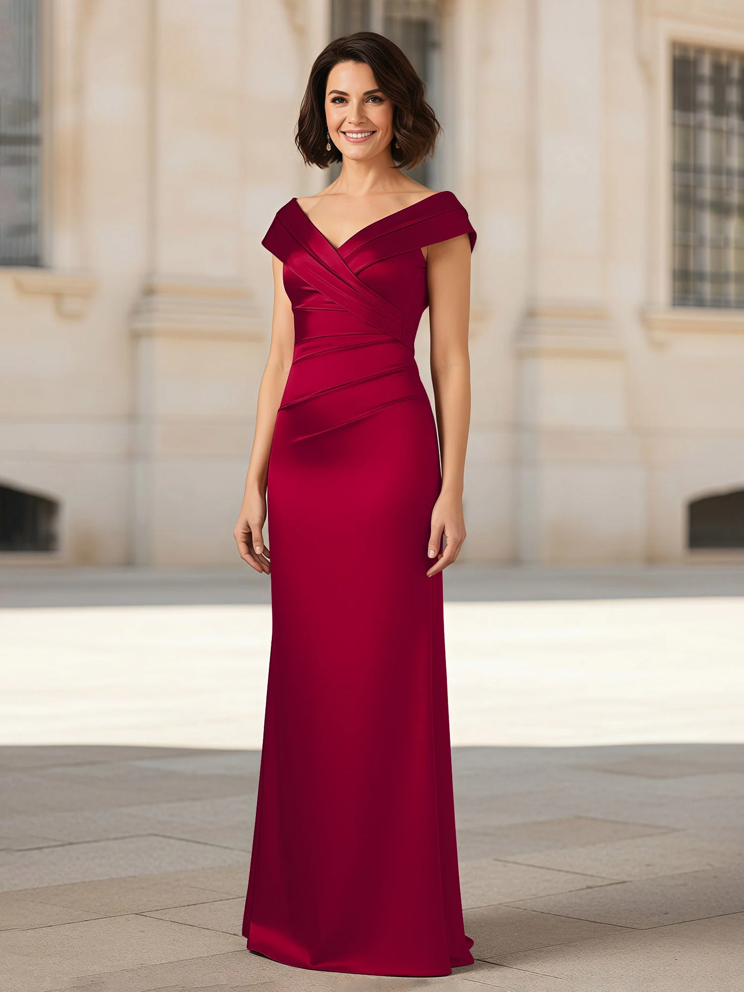 Plissee V-Ausschnitt Stretch Satin Kleid mit Rückenschlitz Burgunderrot
