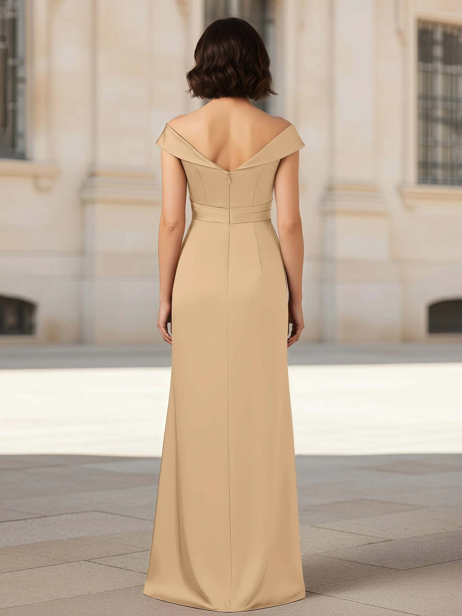 Plissee V-Ausschnitt Stretch Satin Kleid mit Rückenschlitz Champagner - Image 2