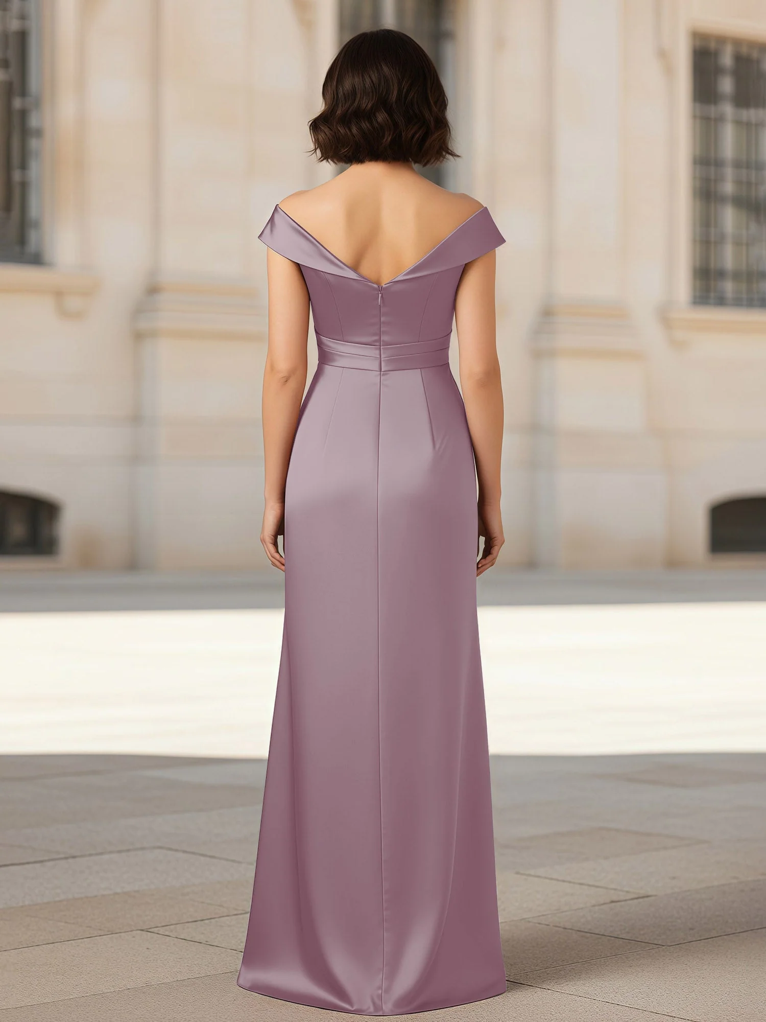 Plissee V-Ausschnitt Stretch Satin Kleid mit Rückenschlitz Dämmerung - Image 2