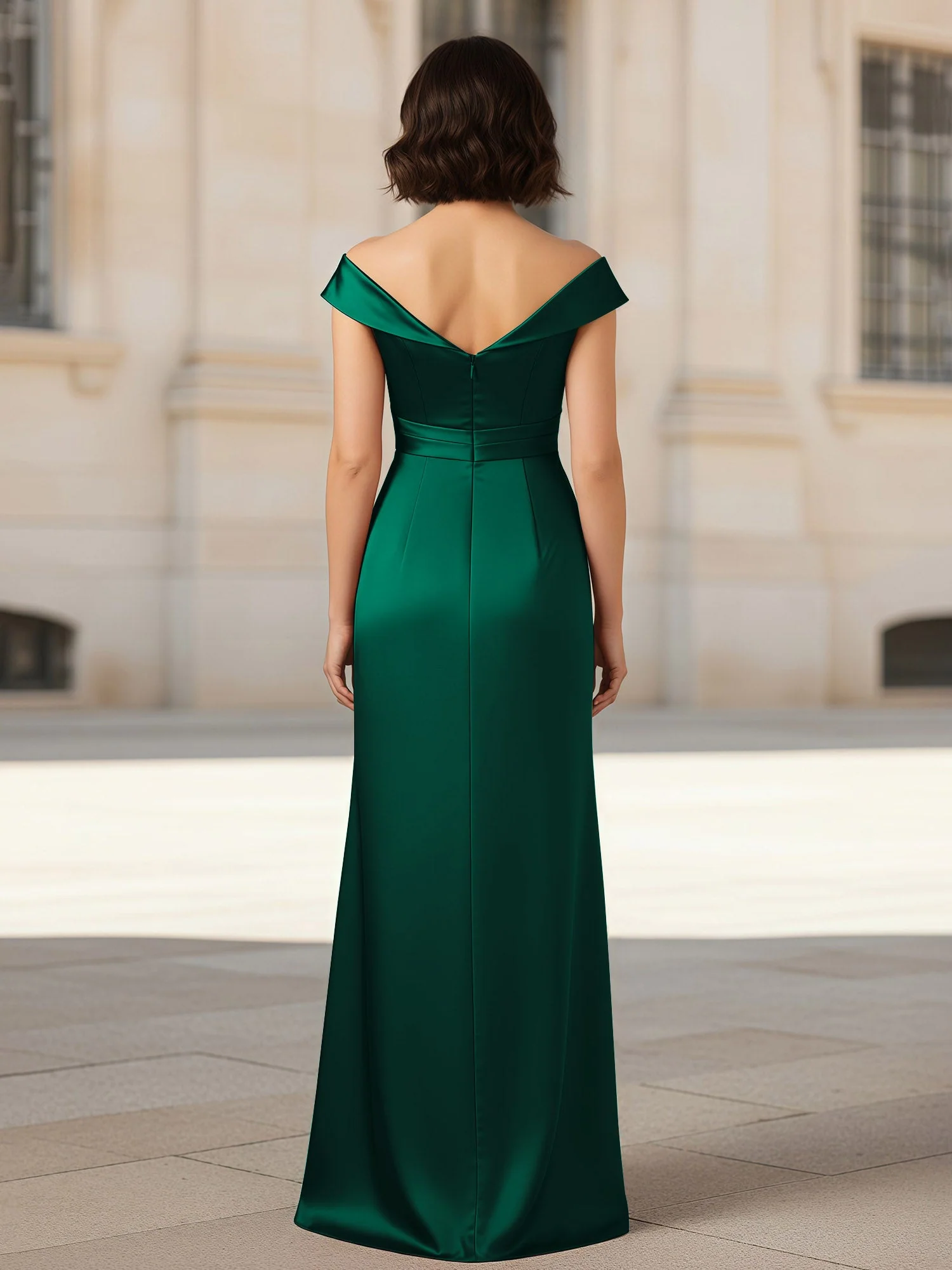Plissee V-Ausschnitt Stretch Satin Kleid mit Rückenschlitz Dunkelgrün - Image 2