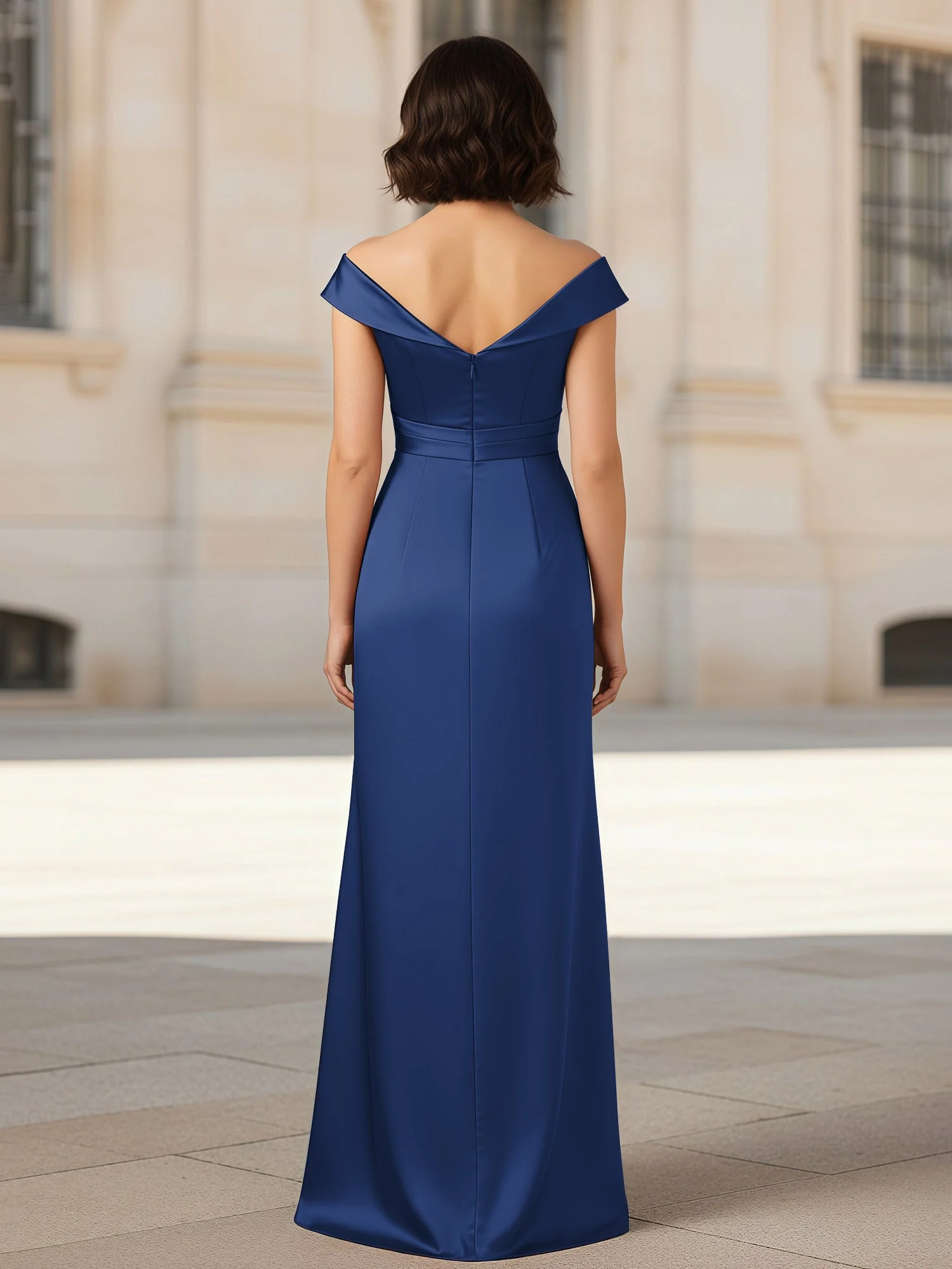 Plissee V-Ausschnitt Stretch Satin Kleid mit Rückenschlitz Marineblau - Image 2