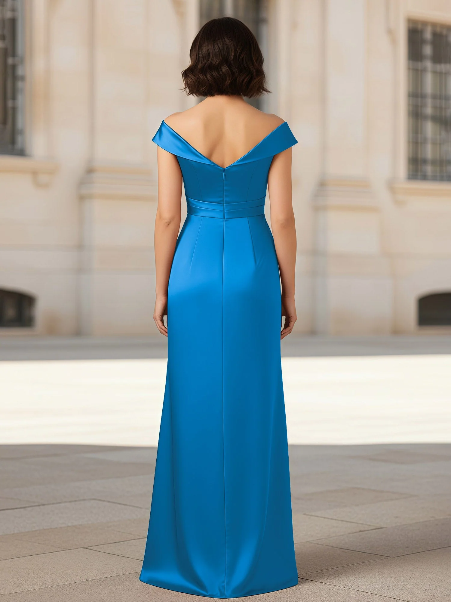 Plissee V-Ausschnitt Stretch Satin Kleid mit Rückenschlitz Meerblau - Image 2