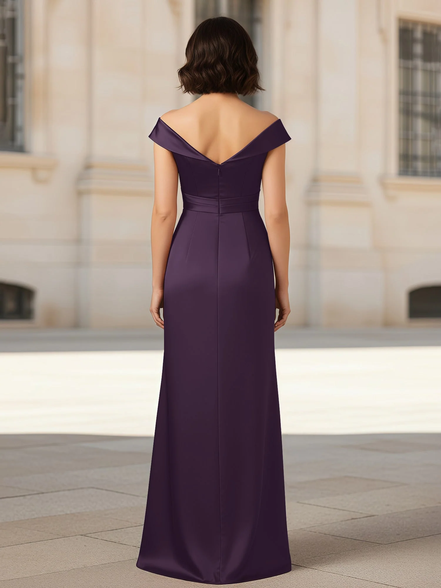 Plissee V-Ausschnitt Stretch Satin Kleid mit Rückenschlitz Plum - Image 2