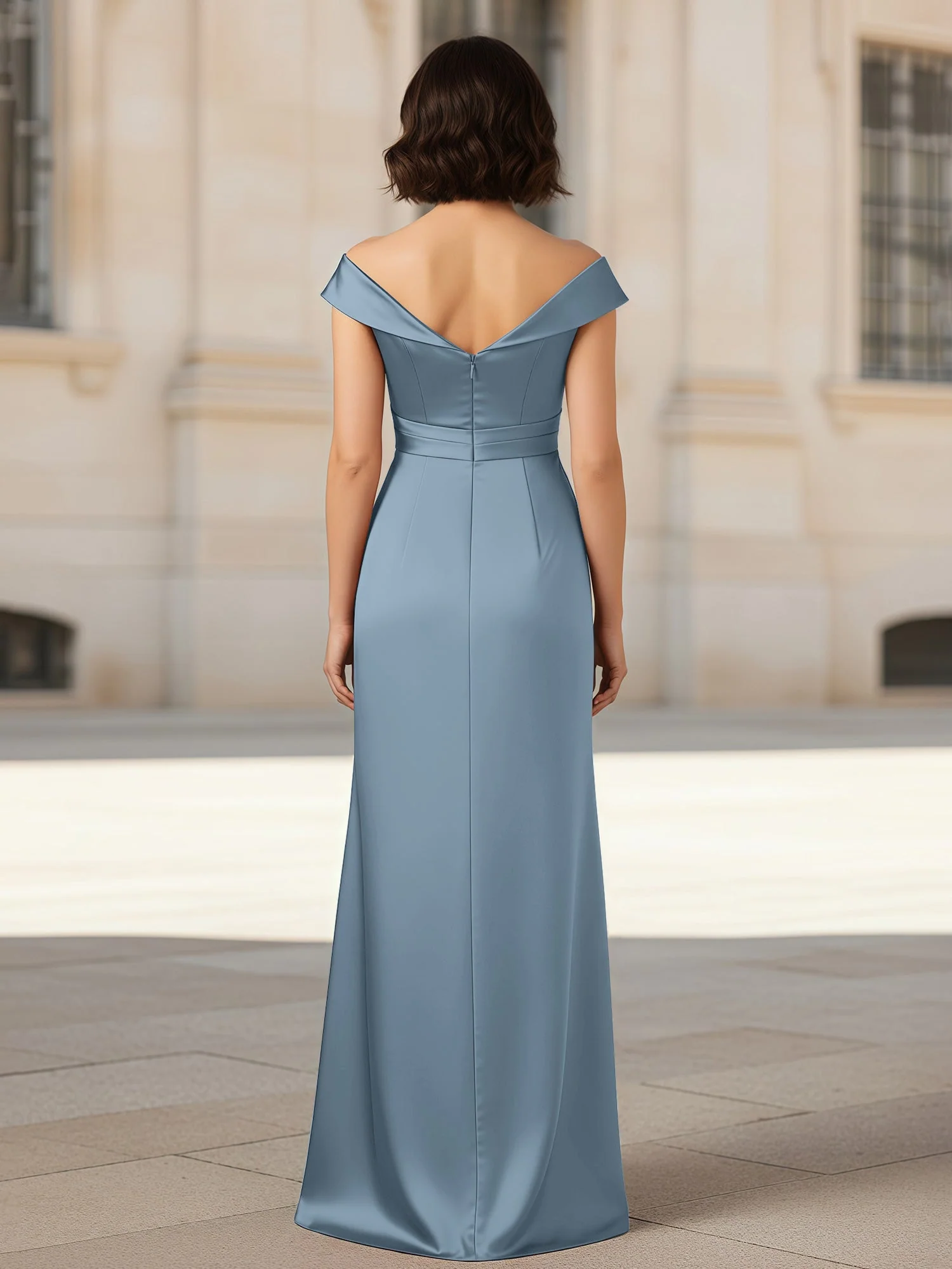 Plissee V-Ausschnitt Stretch Satin Kleid mit Rückenschlitz Schiefer Blau - Image 2