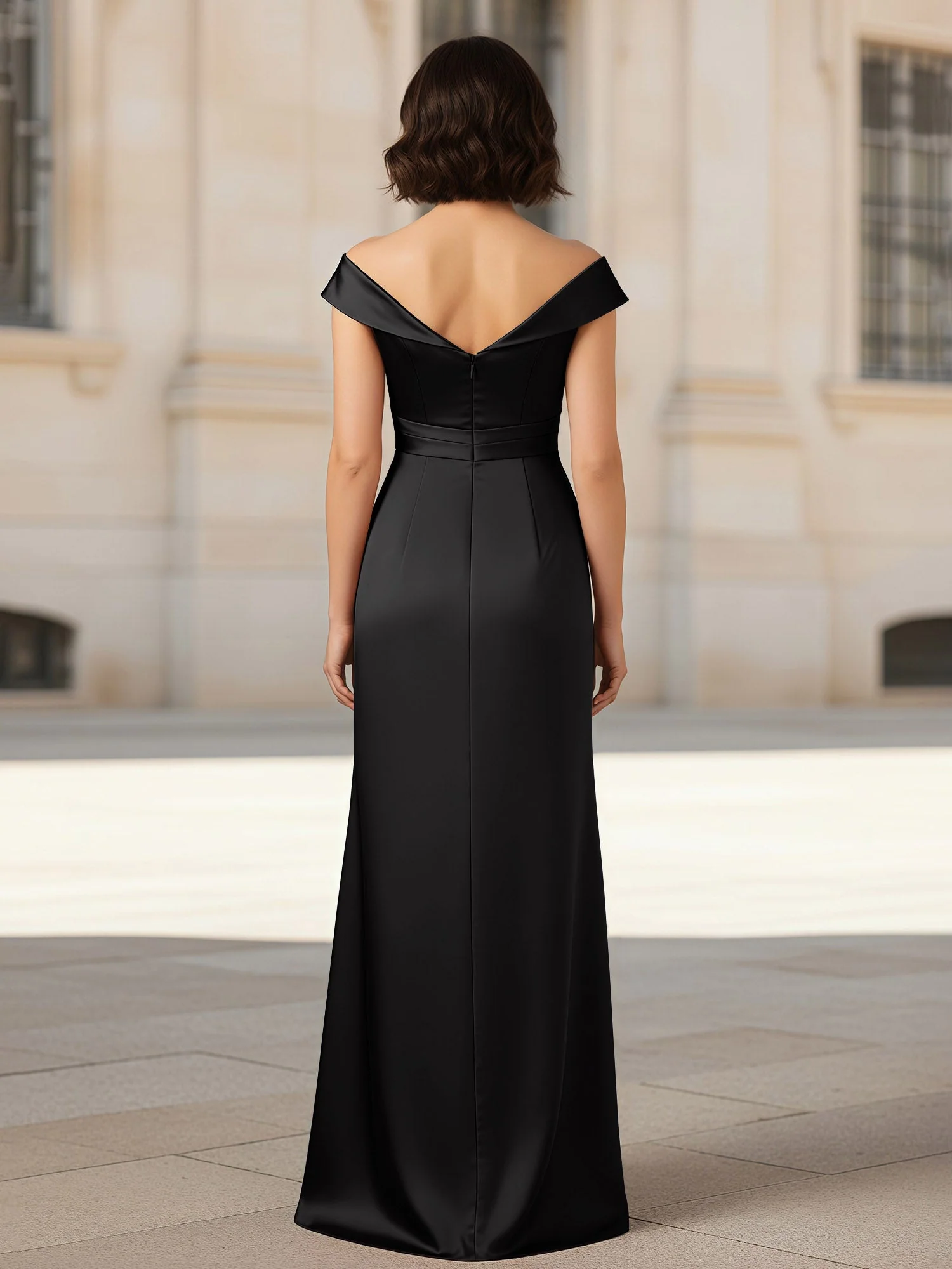 Plissee V-Ausschnitt Stretch Satin Kleid mit Rückenschlitz Schwarz - Image 2
