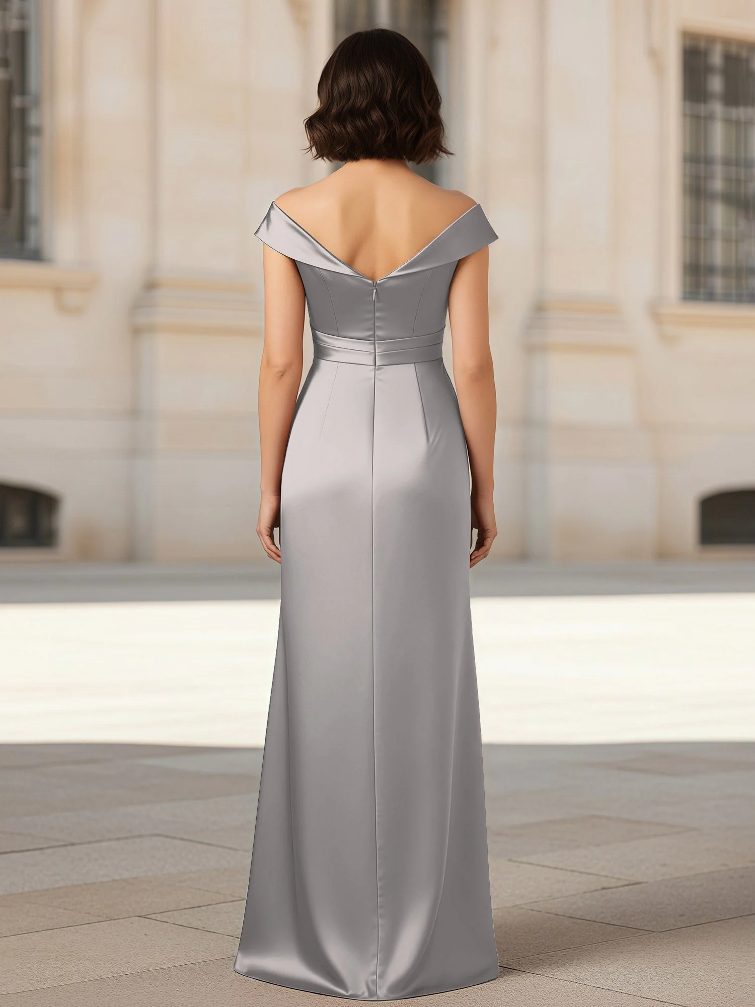 Plissee V-Ausschnitt Stretch Satin Kleid mit Rückenschlitz Silber - Image 2