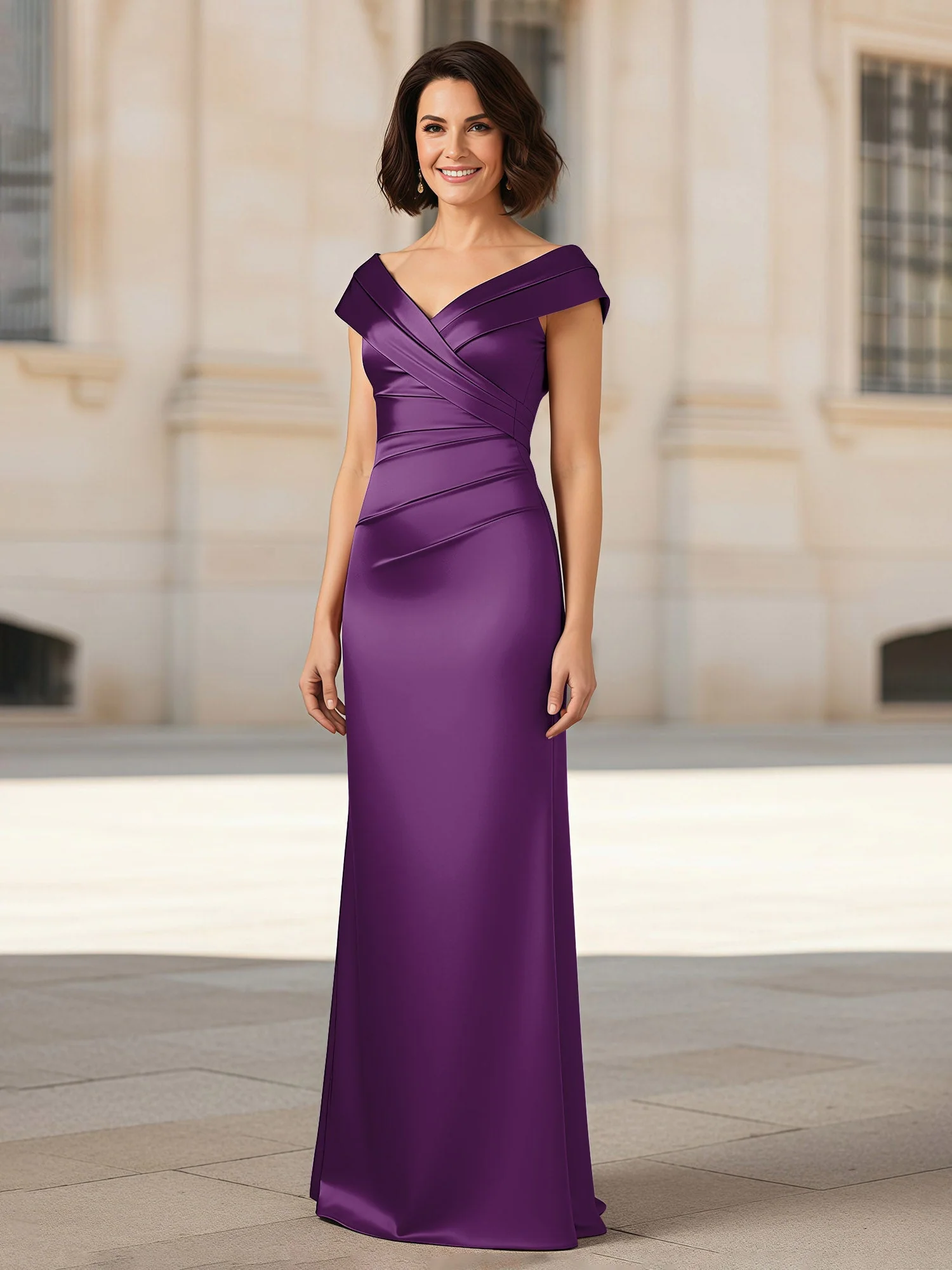 Plissee V-Ausschnitt Stretch Satin Kleid mit Rückenschlitz Traube