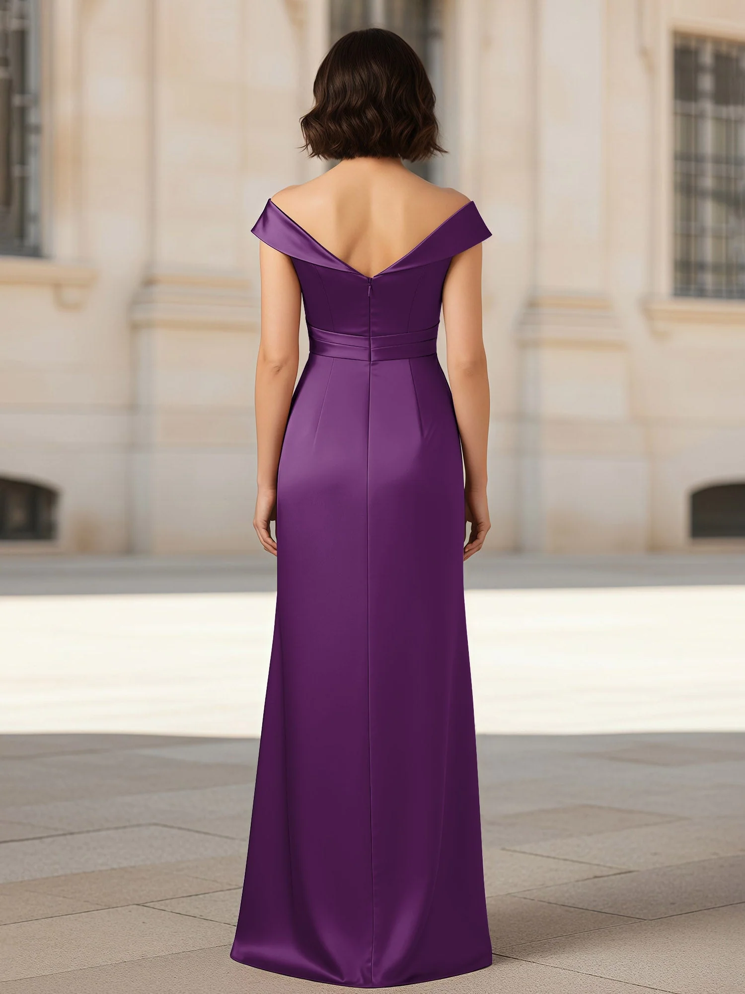 Plissee V-Ausschnitt Stretch Satin Kleid mit Rückenschlitz Traube - Image 2