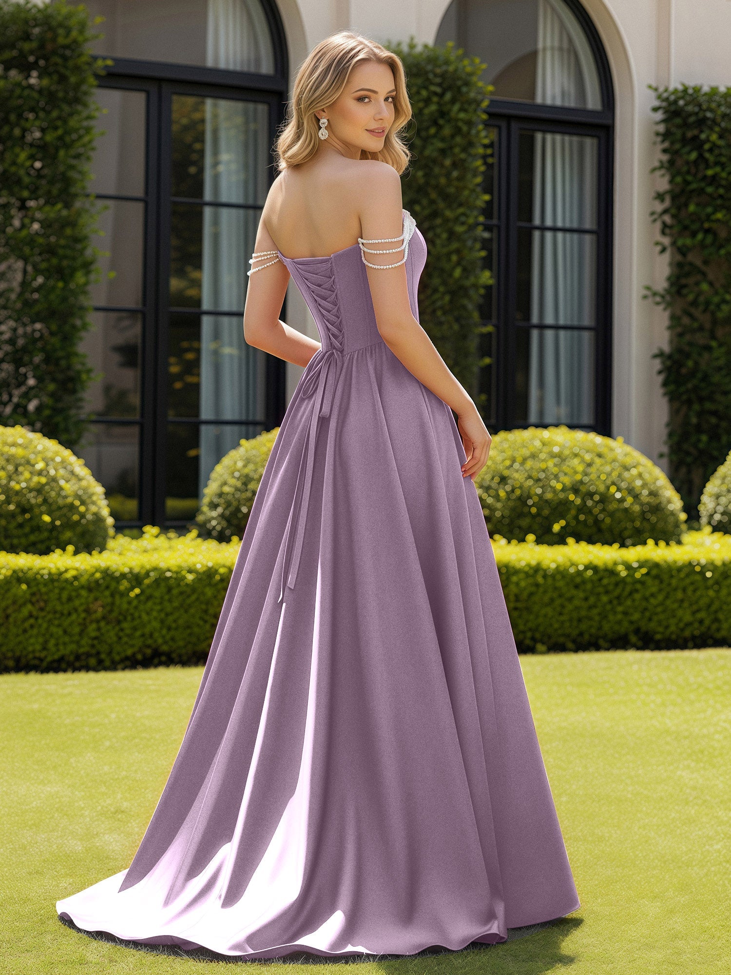 Perlen Schulterfrei A-Linie Schleppe Schlitz Kleid Blauregen - Image 2