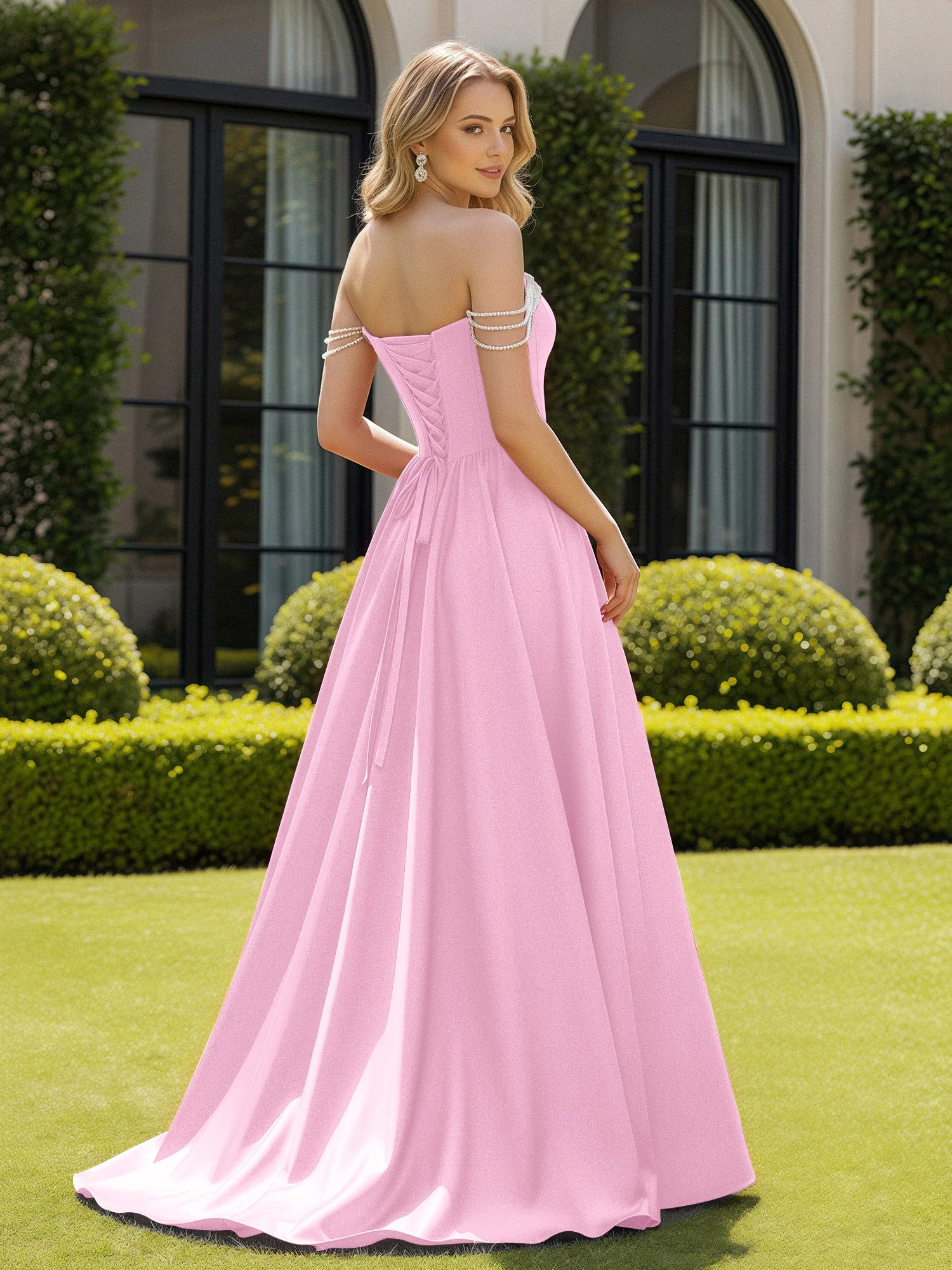 Perlen Schulterfrei A-Linie Schleppe Schlitz Kleid Bonbonrosa - Image 2