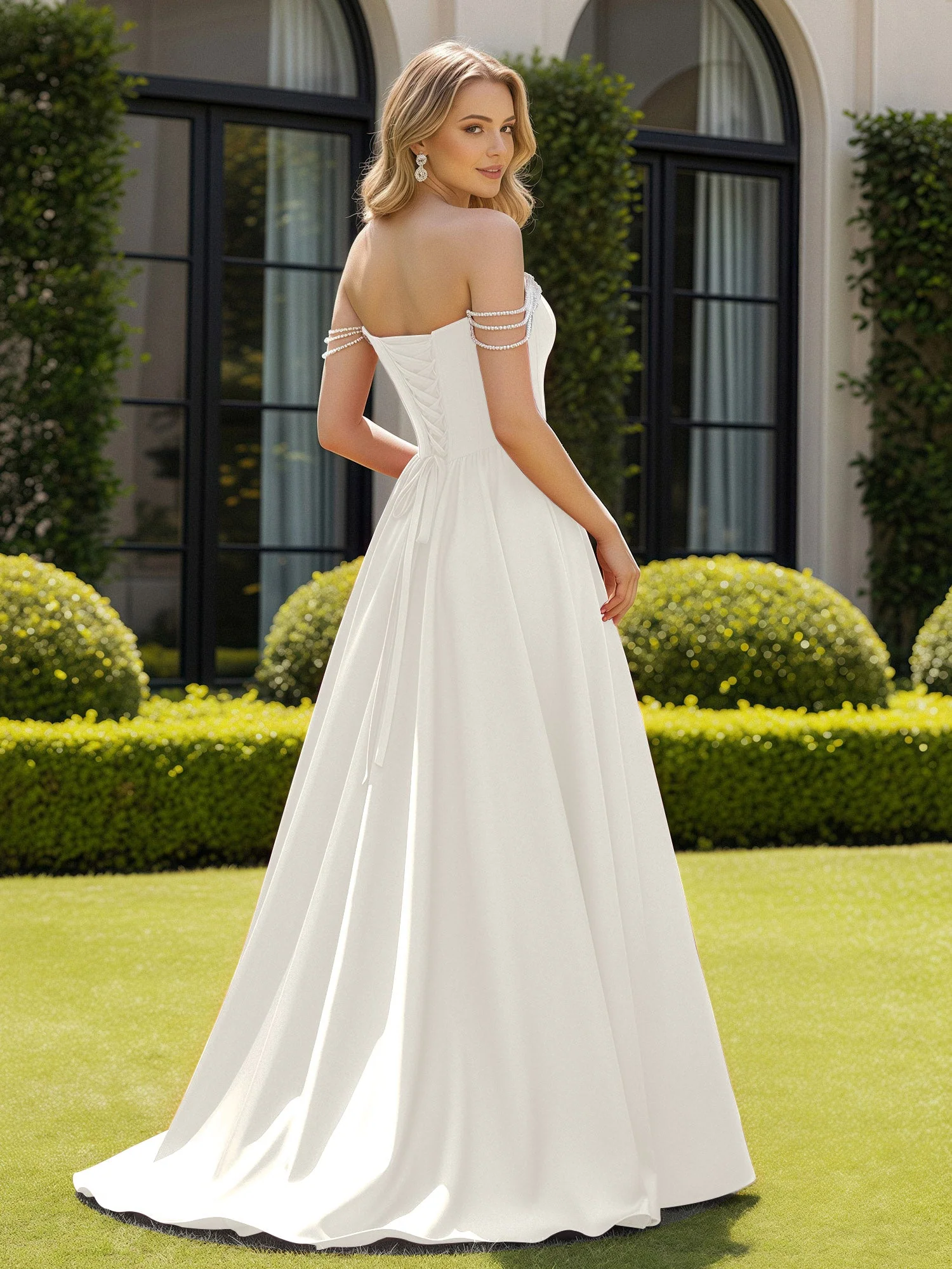 Perlen Schulterfrei A-Linie Schleppe Schlitz Kleid Elfenbein - Image 2
