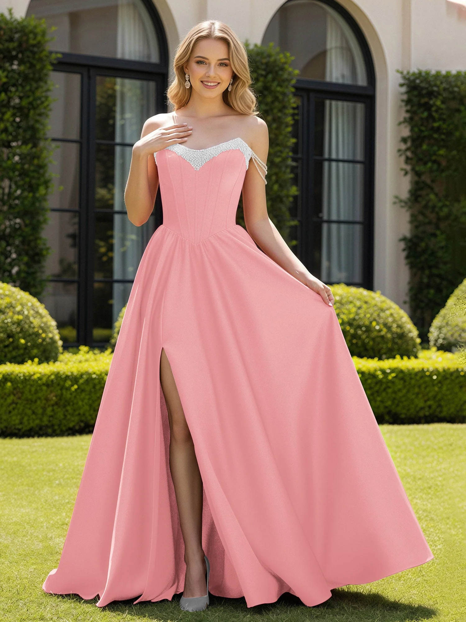 Perlen Schulterfrei A-Linie Schleppe Schlitz Kleid Flamingo
