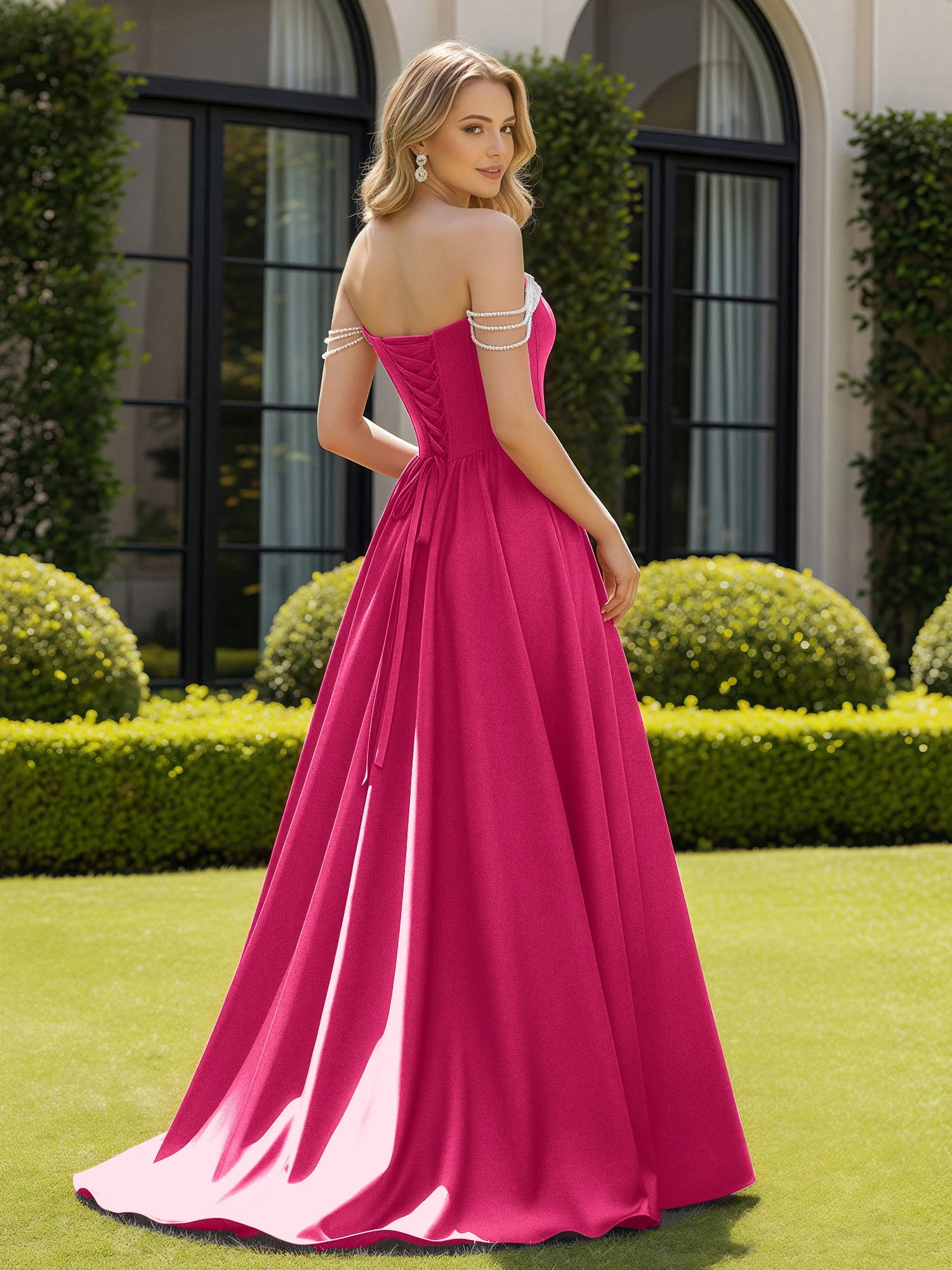 Perlen Schulterfrei A-Linie Schleppe Schlitz Kleid Fuchsia - Image 2